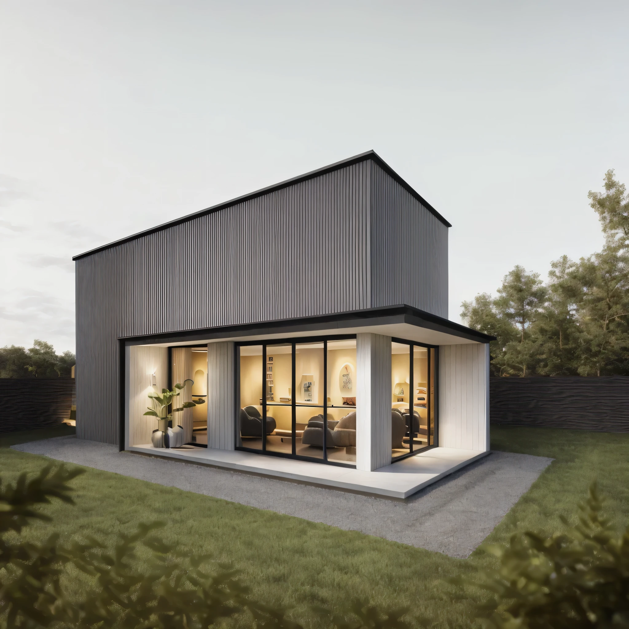PLATFORM KTHOUSE, ((1 INDUSTRY house:1.5)), Industry-like materials:1.3, wall made from stamped corrugated iron sheet
wave:1.3, 1large grass yard:1,5, 1 road runs in front of the house:1.8, (((VERTICAL WALLs was covered by white color))), (RAW photo, real, best quality, masterpiece:1.2), look morden minimalist, 1 road in front of the house, dynamic lighting:1.3, (hyper realistic, photo-realistic:1.2), high quality, (dark lighting:1.2), perfect lighting, archdaily, no human