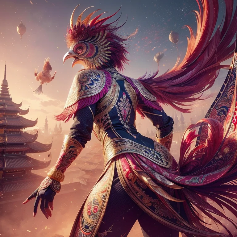 An Indonesian-styled futuristic suit worn by a rooster depicting cultural fusion and modern fashion. The suit is adorned with intricate patterns and vibrant colors, showcasing the rich heritage of Indonesia. The rooster stands confidently in a dynamic pose, with its detailed eyes reflecting determination and curiosity. The suit's material is a combination of traditional textiles and futuristic synthetic fabrics, giving it a unique and avant-garde appearance. The overall image quality is of the highest standard, with sharp focus and ultra-detailed rendering. The artwork employs physically-based rendering techniques, resulting in realistic lighting and shadows. The colors are vivid and vibrant, capturing the essence of Indonesian cultural aesthetics. The background features a fusion of modern architecture and traditional elements, creating a harmonious blend of the past and the future. The prompt explores the intersection of Indonesian culture, futuristic design, and the artistic representation of a confident rooster