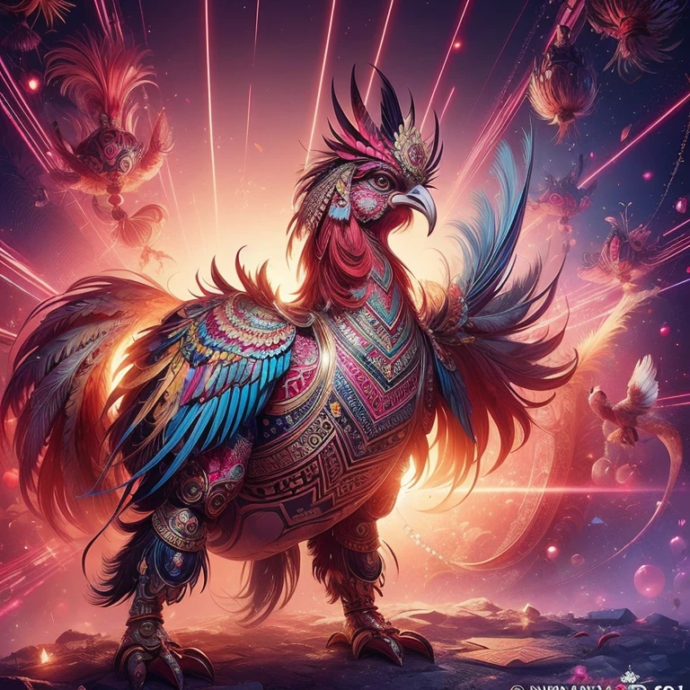 An Indonesian-styled futuristic suit worn by a rooster depicting cultural fusion and modern fashion. The suit is adorned with intricate patterns and vibrant colors, showcasing the rich heritage of Indonesia. The rooster stands confidently in a dynamic pose, with its detailed eyes reflecting determination and curiosity. The suit's material is a combination of traditional textiles and futuristic synthetic fabrics, giving it a unique and avant-garde appearance. The overall image quality is of the highest standard, with sharp focus and ultra-detailed rendering. The artwork employs physically-based rendering techniques, resulting in realistic lighting and shadows. The colors are vivid and vibrant, capturing the essence of Indonesian cultural aesthetics. The background features a fusion of modern architecture and traditional elements, creating a harmonious blend of the past and the future. The prompt explores the intersection of Indonesian culture, futuristic design, and the artistic representation of a confident rooster