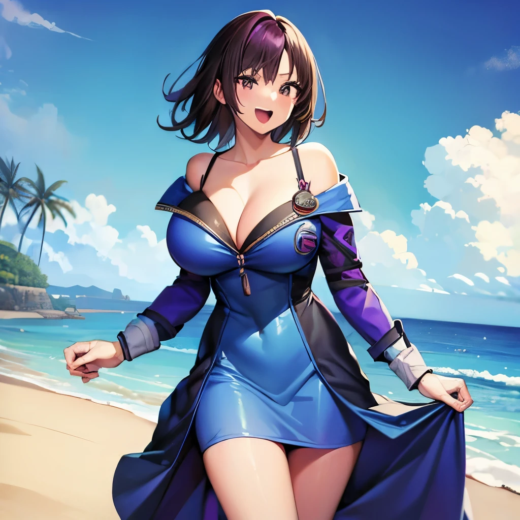 masterpiece, best quality, highres, anime, lacus4, 1girl, (asuka-kazama), solo, dress, cleavage, off-shoulder, blue dress, smile, cowboy shot, open mouth, (monochronatic), three women, body, beach