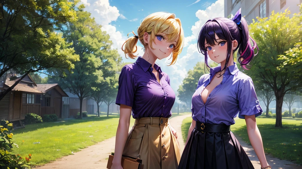 2girls, summer, village, trees, sun, clouds, ((colorful hair)), ponytail, large , button , blue eyes, ((purple shirt)), ((unbuttoned shirt)), unbuttoning buttons, pog buttons, ((shoreeved shirt)), black mini skirt, brown shoes, grin, looking at the viewer, standing, hair ribbon, cleavage, golden ne