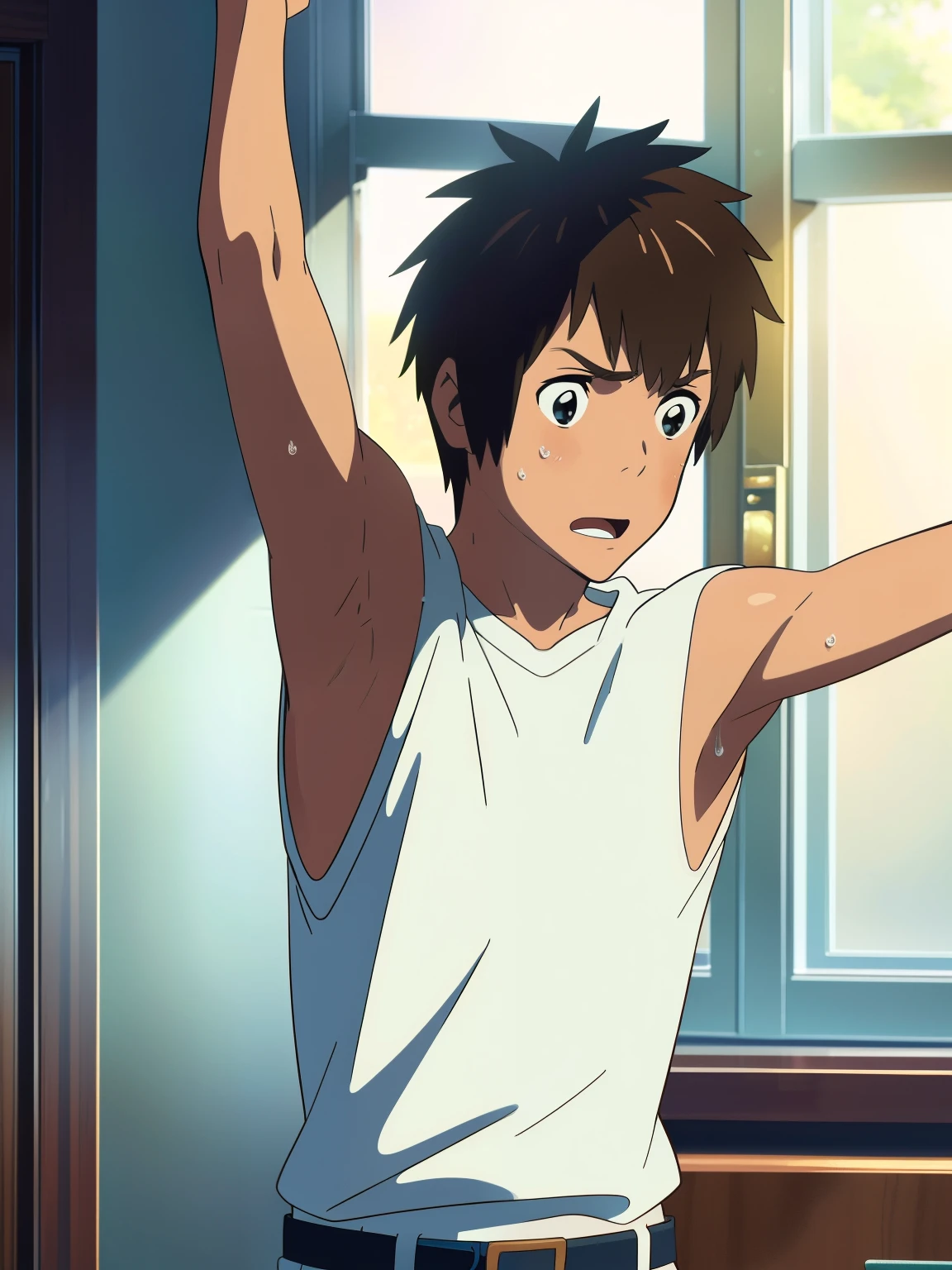 highres,Masterpiece， Best quality at best,Best Quality,hight quality, hight detailed, realistic, , Anime style, 1boy, Teenage, indoor, Cheerful boy, Sleeveless shirt,Taki tachibana, Brown hair, Blue eye, Slim body Short body, Body, (Armpit), Belt, Sweat, boy focus, Simple beckground