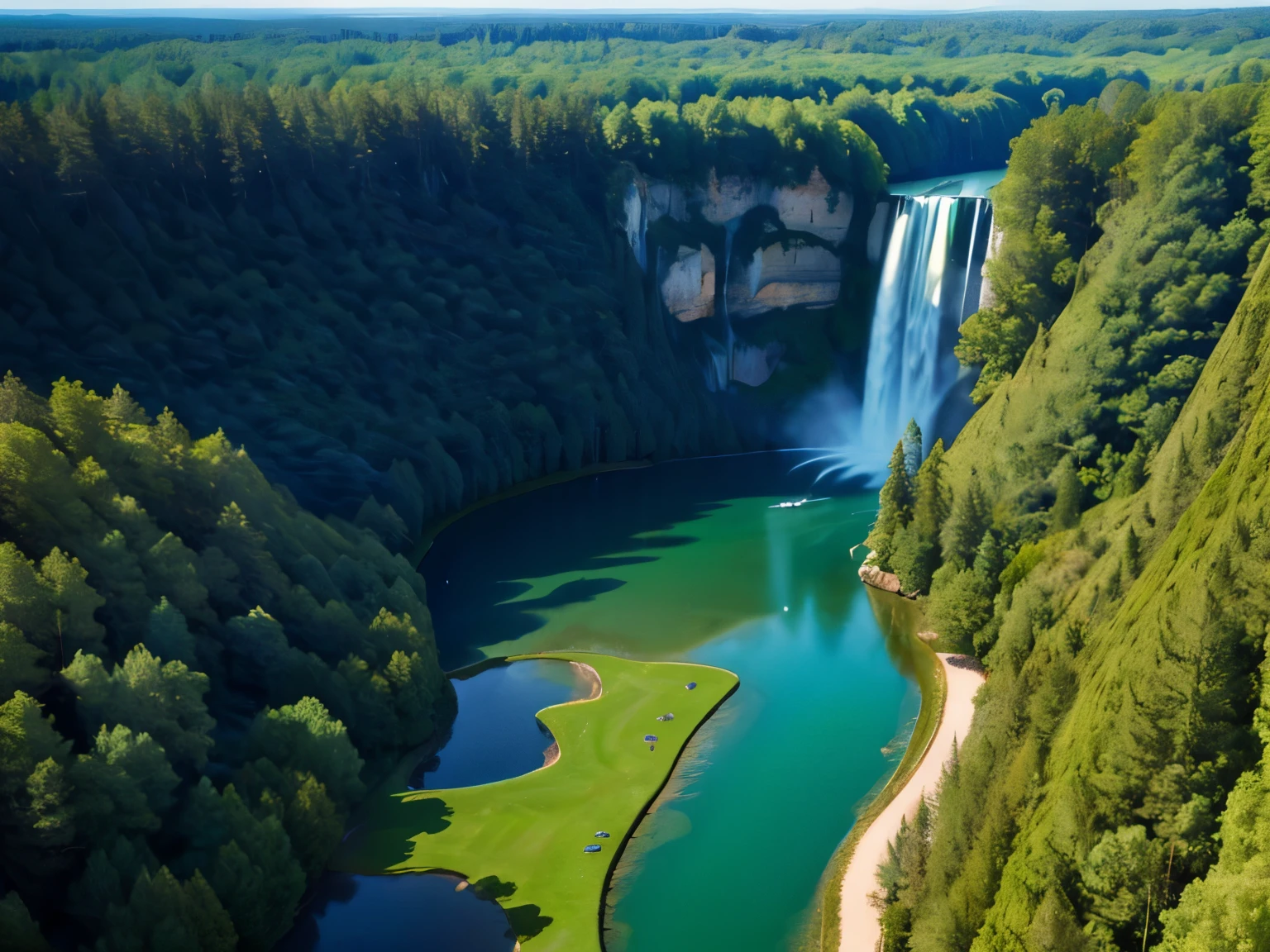 (sexy,beautiful,attractive,blonde) girl,(white,lace,short) dress,(aerial,top-down,overhead) (view,shot),(full body), view from (afar,distance),(green) forest clearing, (picturesque,gorgeous) lake, (large,towering) waterfall