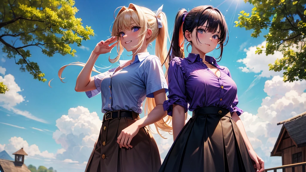 2girls, full body, summer, village, trees, sun, clouds, ((colorful hair)), ponytail, large breasts, button down, blue eyes, ((purple shirt)), ((unbuttoned shirt)), unbuttoning buttons, popping buttons, ((short sleeved shirt)), black mini skirt, brown shoes, grin, looking at the viewer, standing, hand on hip, hair ribbon, cleavage, golden necklate