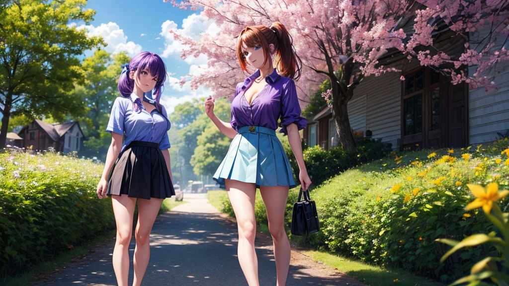 (Cherry blossom:1.2) And Street, 2 busty women on the street, looking at the cherry blossoms, full body shot, giga_busty