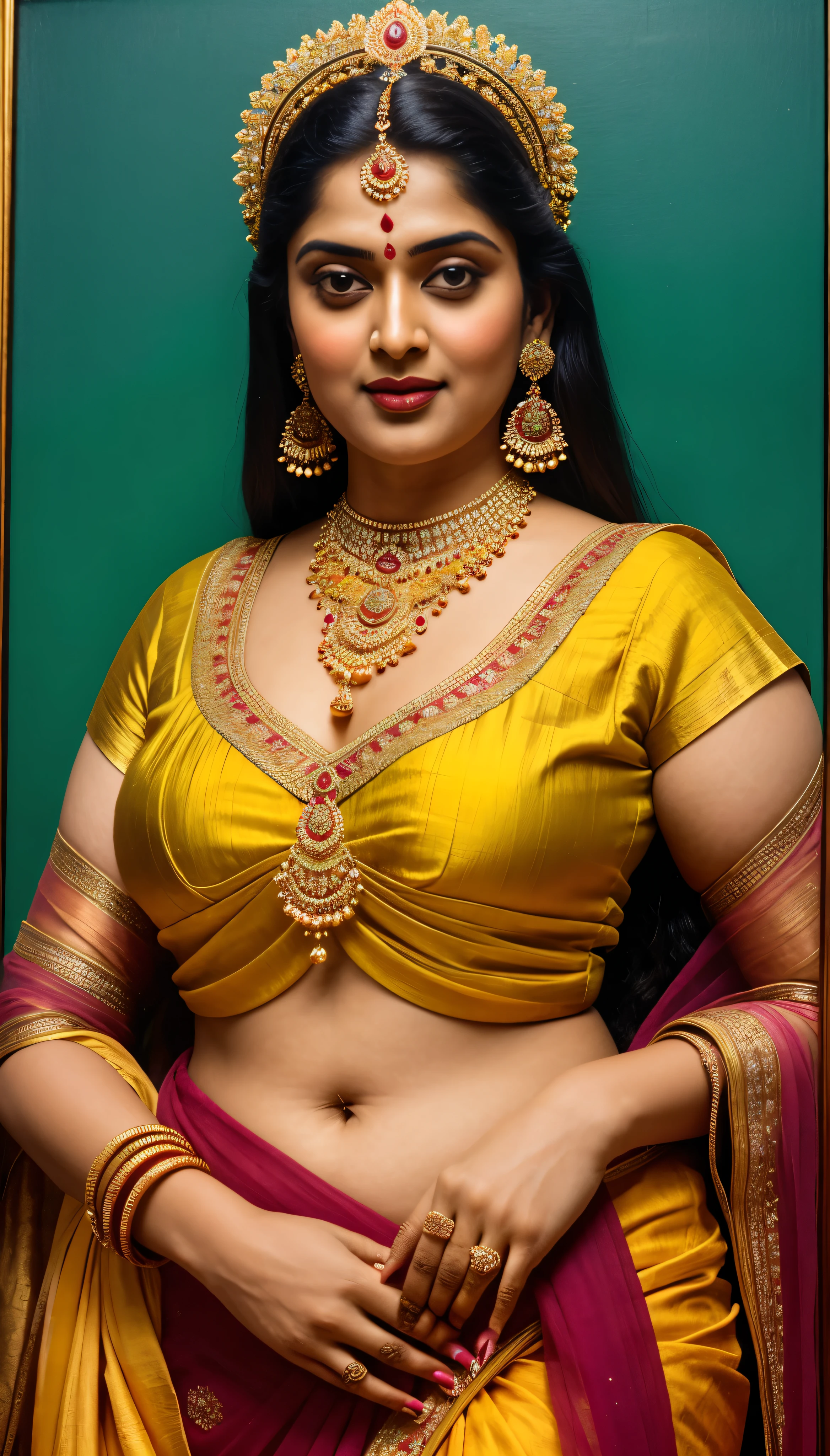 Beautiful painting of a woman in a sari with a necklace and earrings, beautiful thick figure, Thick curvy beauty, looks like Sandeepa Dhar, inspired by Raja Ravi Varma, szukalski ravi varma, portrait of a beautiful goddess, by Raja Ravi Varma, indian goddess, traditional beauty, a stunning portrait of a goddess, inspired by T. K. Padmini, indian art, indian goddess of wealth, portrait of a goddess