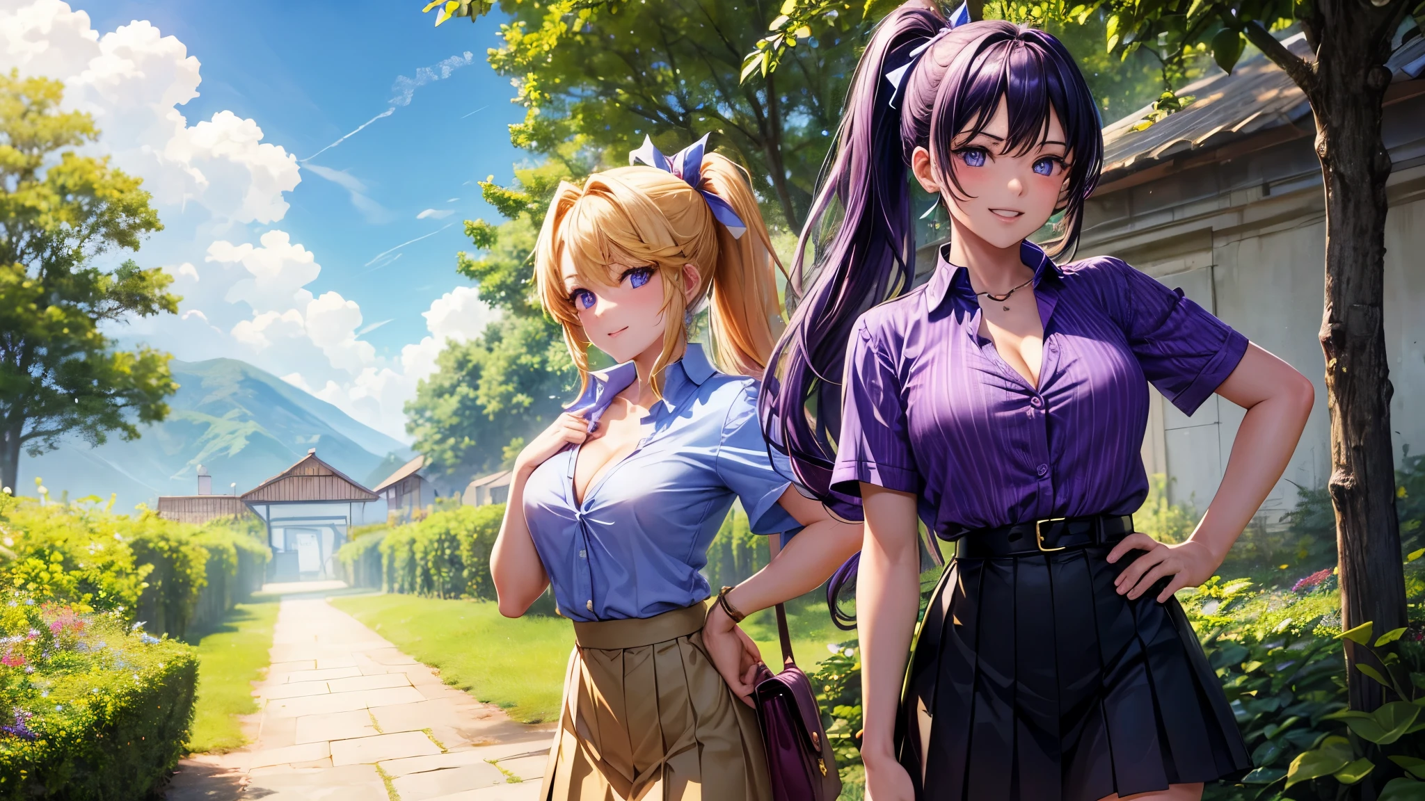 2girls, full body, summer, village, trees, sun, clouds, ((colorful hair)), ponytail, large breasts, button down, blue eyes, ((purple shirt)), ((unbuttoned shirt)), unbuttoning buttons, popping buttons, ((short sleeved shirt)), black mini skirt, brown shoes, grin, looking at the viewer, standing, hand on hip, hair ribbon, cleavage, golden necklate 