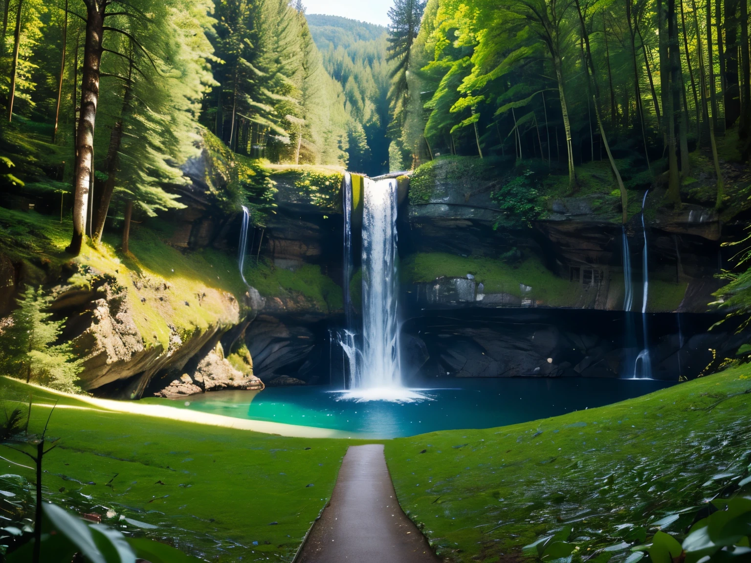 (sexy,beautiful,attractive,blonde) girl,(white,lace,short) dress,(top-down,overhead) (view,shot),(full body), view from (distance),(green) forest clearing, (picturesque,gorgeous) lake, (large,towering) waterfall