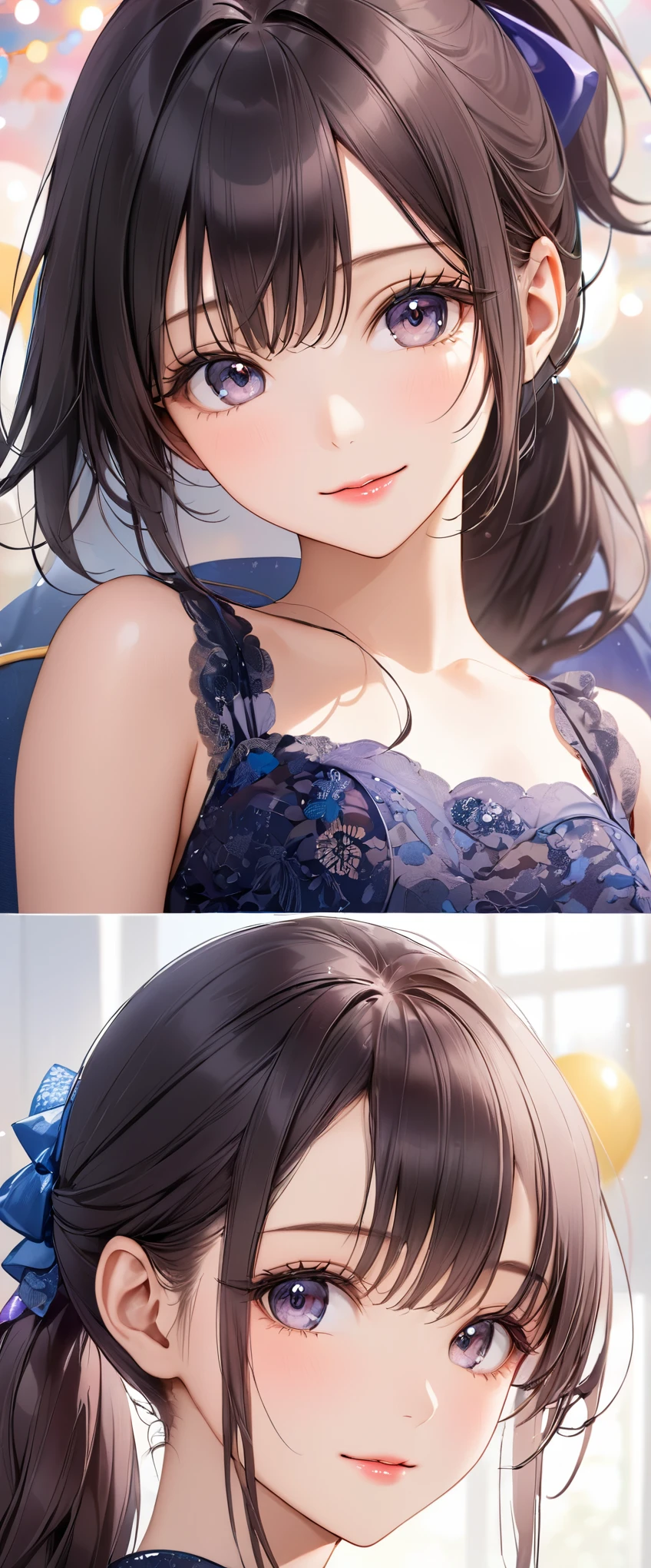 (masterpiece,highest quality,超A high resolution),japanese woman, (((Very beautiful 25 year old girl))), pretty girl、look at the photographer､  ((beautiful low ponytail)), super cute face, glossy lips, double eyelids in both eyes,natural smile、 natural makeup, long eyelashes, Shiny and smooth hair､center image,  perfect limbs, perfect anatomy,(((party dress))、party venue,