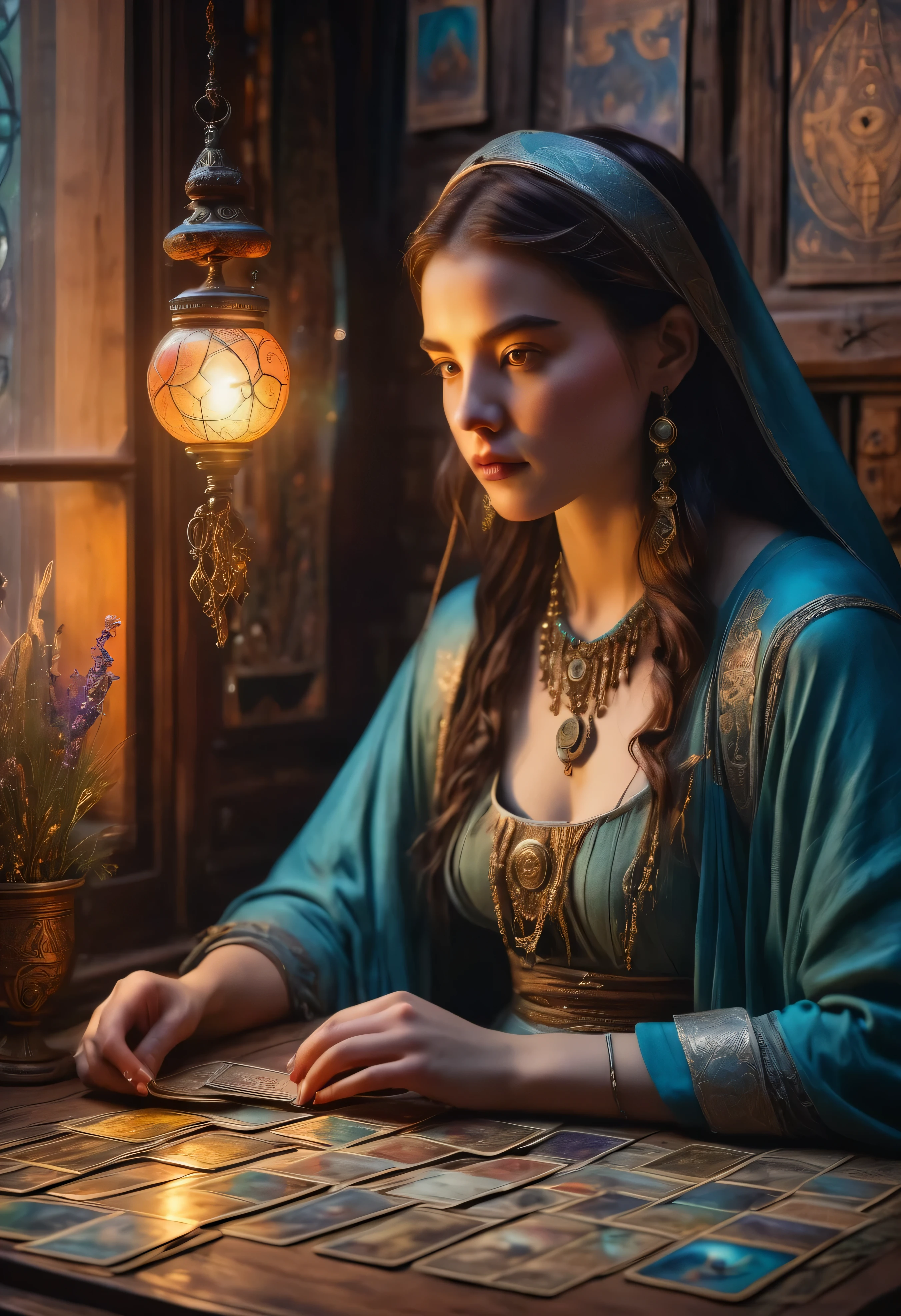 cartomancian: girl holding a tarot card game, a mysterious atmosphere, magical lighting, ancient symbols, tarot cards on a wooden table, detailed and complex illustrations, a mystical aura, antique and worn cards, cartomancieune, bright colors, supernatural energy, ethereal beings, drapery in the background, moonlight shining through the window, a sense of curiosity and anticipation, divinatory tools, characters delicately painted on the maps, a mystical setting, a hint of unknown and atmospheric perspective. (best quality, 4k) , ultra-detailed, realistic, portraits, bright colors, mystical lighting.