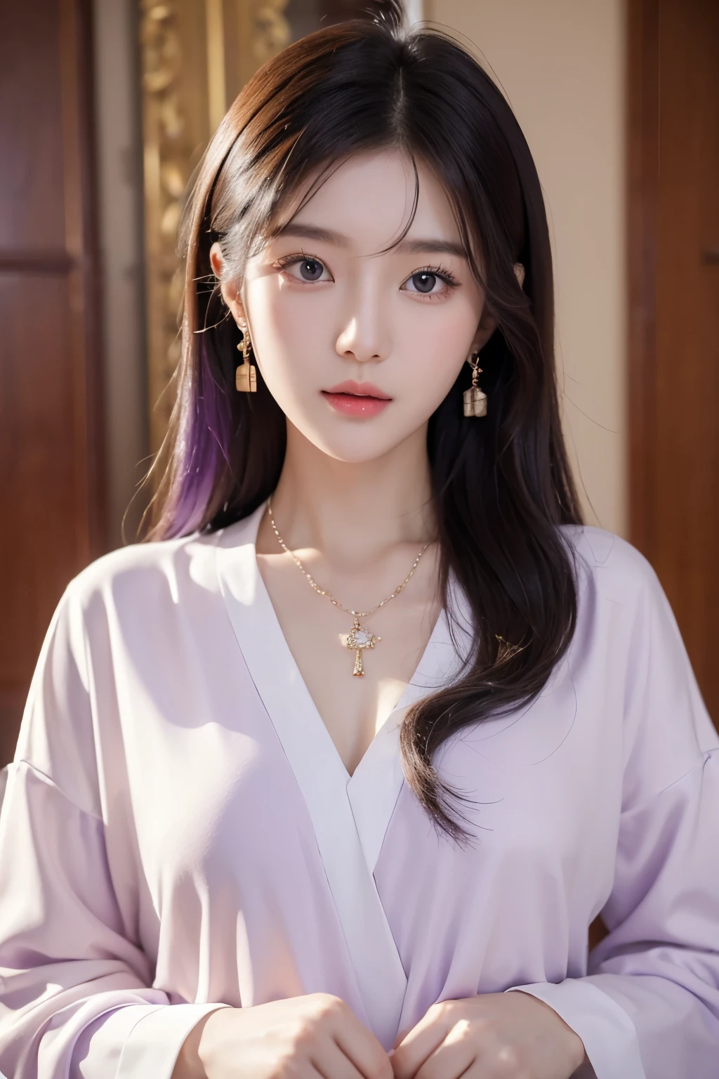 （（Best quality at best，8K，tmasterpiece：1.3）Korean girl drawings during Christmas，She has a sweet and elegant temperament。Her eyes were bright and focused，Open，The hair  purple，Wear purple gemstone necklace and earrings。