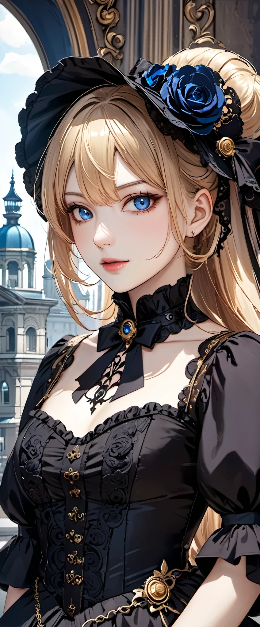 woman wearing dress and boots , baroque dress, wearing a detailed steampunk dress, elegant gothic princess, victorian gothic ta fashion, historical baroque dress dark, black gothic loliress, fantasy style clothing, rococo dress, black rococo, fantasy costume, wearing a gothic dress, romantic dress, gothic dress,blonde,,(((upper body portrait)))blue eyes,city