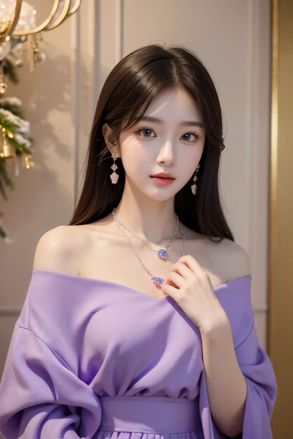((Best quality at best,8K,tmasterpiece:1.3)Korean girl drawings during Christmas,She has a sweet and elegant temperament。Her eyes were bright and focused,Open,The hair purple,Wear purple gemstone necklace and earrings。