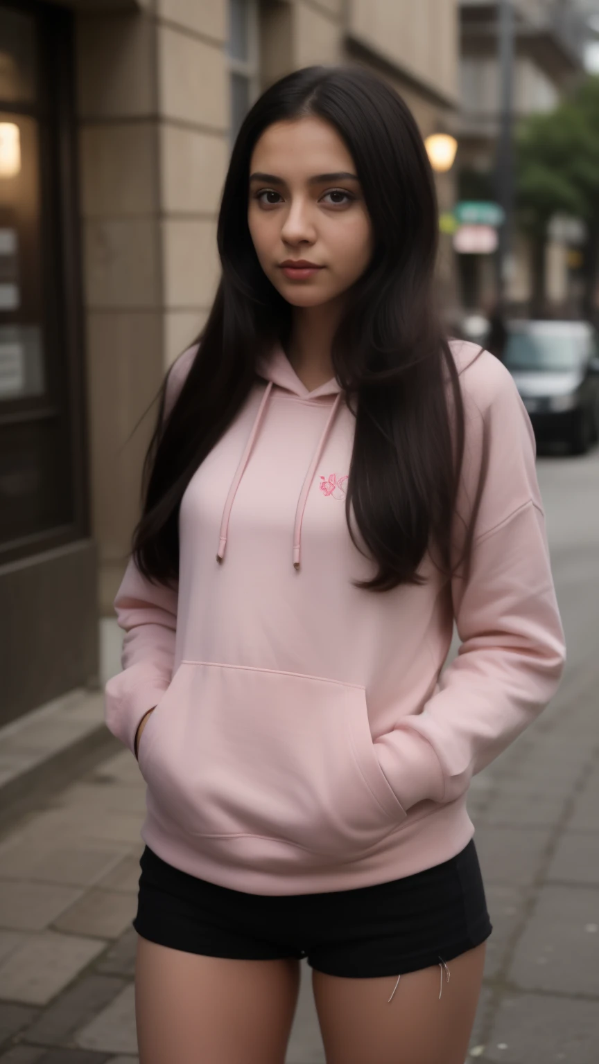 araffe woman with long black hair,slim,,wearing a pink hoodie,hoodie down,fully covered,black hair, valentina remenar, bitchy face,dilraba dilmurat, olya bossak, fanart, maya 8 k, taken with canon eos 5 d mark iv, serena malyon, hana alisa omer, anastasia ovchinnikova, brown-skinned indian girl,street,europe