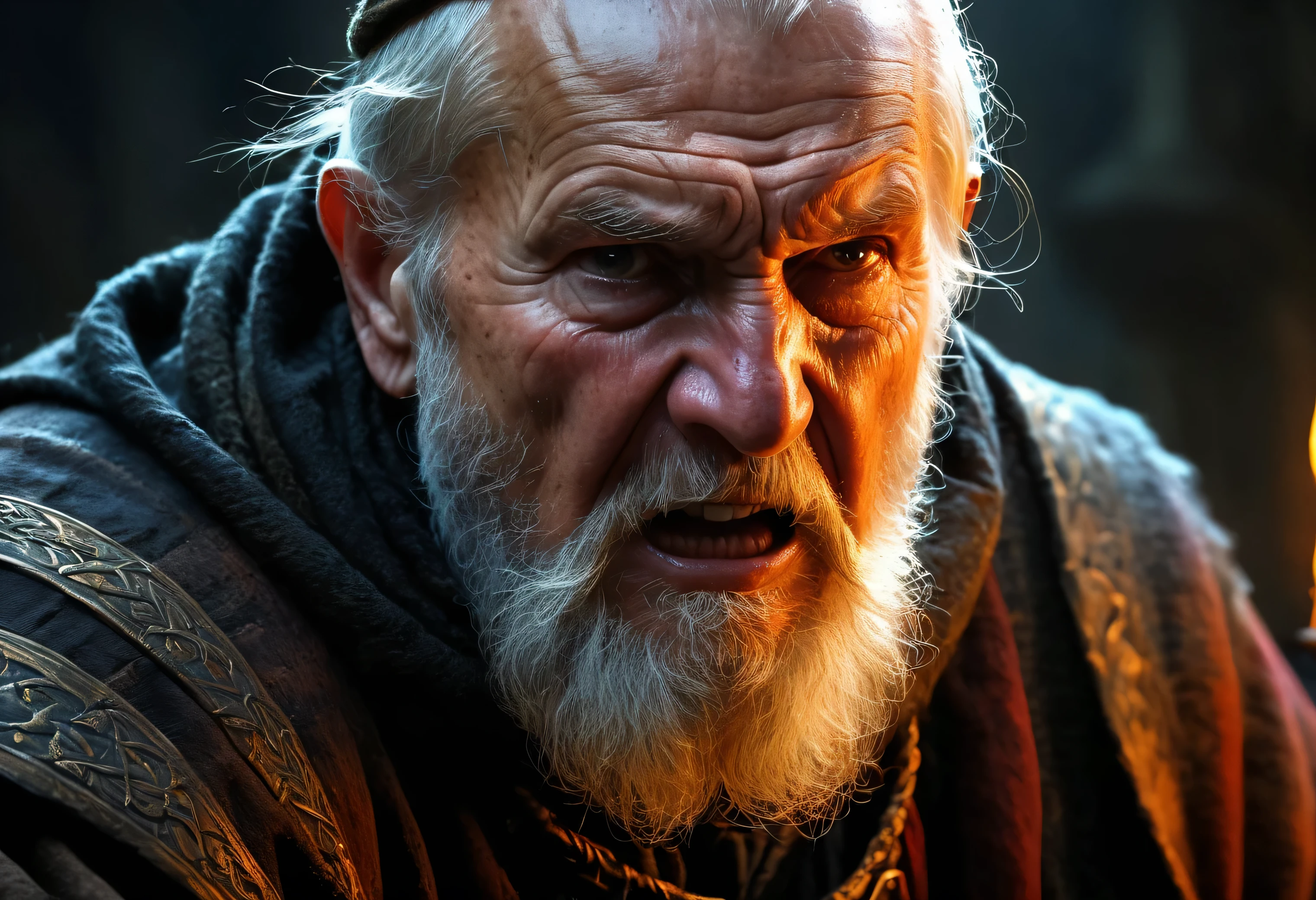 majestic intricately detailed portfolio photograph, 1man, viking, (close up portrait:1.2), an old grizzled medieval viking warrior, (elderly war weary grandfather, filthy, dirty skin, dried blood:1.4), gray bearded, shaved head, (wet worn leather armor:1.2), (detailed weary eyes:1.3), cuts scrapes and grazes,  (dramatic rain drenched landscape, ocean channel, rocky cliffs:1.2), Christopher Walken|Christopher lee|, (sun set, warm colors:1.2), somber, (backlit:1.3), highres, depth of field, (deep shadows:1.2), high detail, sharp focus, smooth, roughness,  photographed on a Canon EOS R5, 50mm lens, F/2.8, HDR, real life, backlit, photorealism, photography