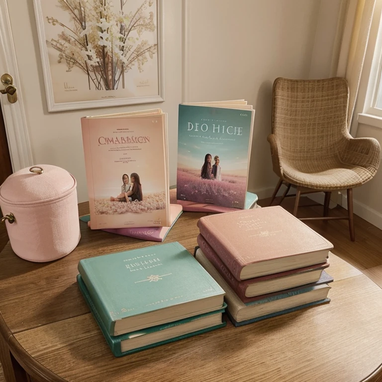books with beautiful covers in pastel tones.These are beautifully arranged on a light brown table