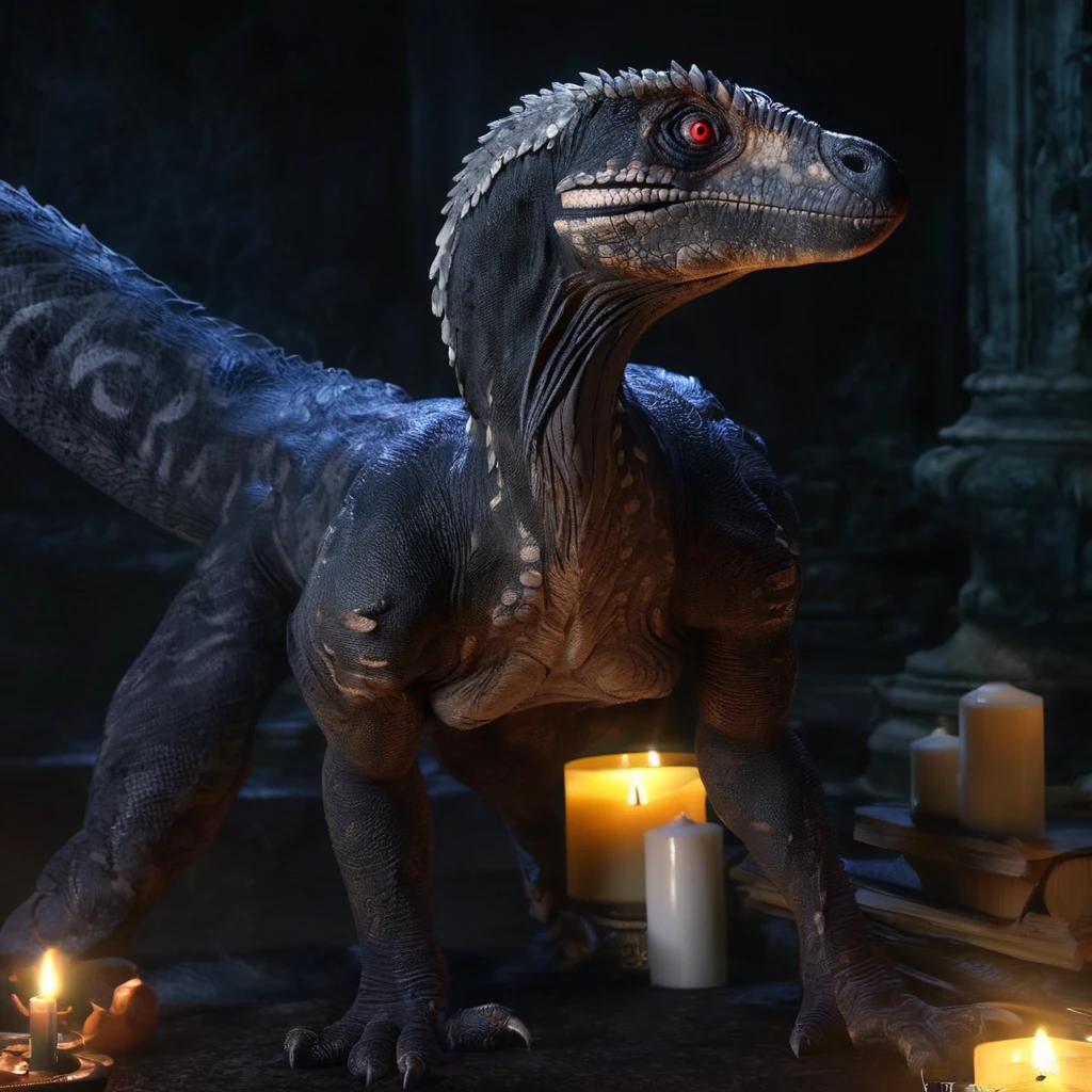 (best quality,4k,8k,highres,masterpiece:1.2),ultra-detailed,(realistic,photorealistic,photo-realistic:1.37),evil mystic black velociraptor,lovely temptress,seductive eyes,dark seductive atmosphere,Feudal Japan,nighttime,men's rooms,powerful aura,transformation process,magical elements,mystical background,erotically charged,forbidden desires,ceremonial robes,dark shadows,flickering candlelight,whispering winds,hidden desires,mysterious rituals,secretive encounters,mesmerizing beauty,enthralled men,embrace of darkness,bewitching allure,stealing seed,twisted pleasures,unsettling presence,dangerous seduction,clashing desires,forbidden fantasies,intense passion,mystical charm,ensnaring spell,irresistible temptation,tangled emotions,dark secrets,dark seductress.