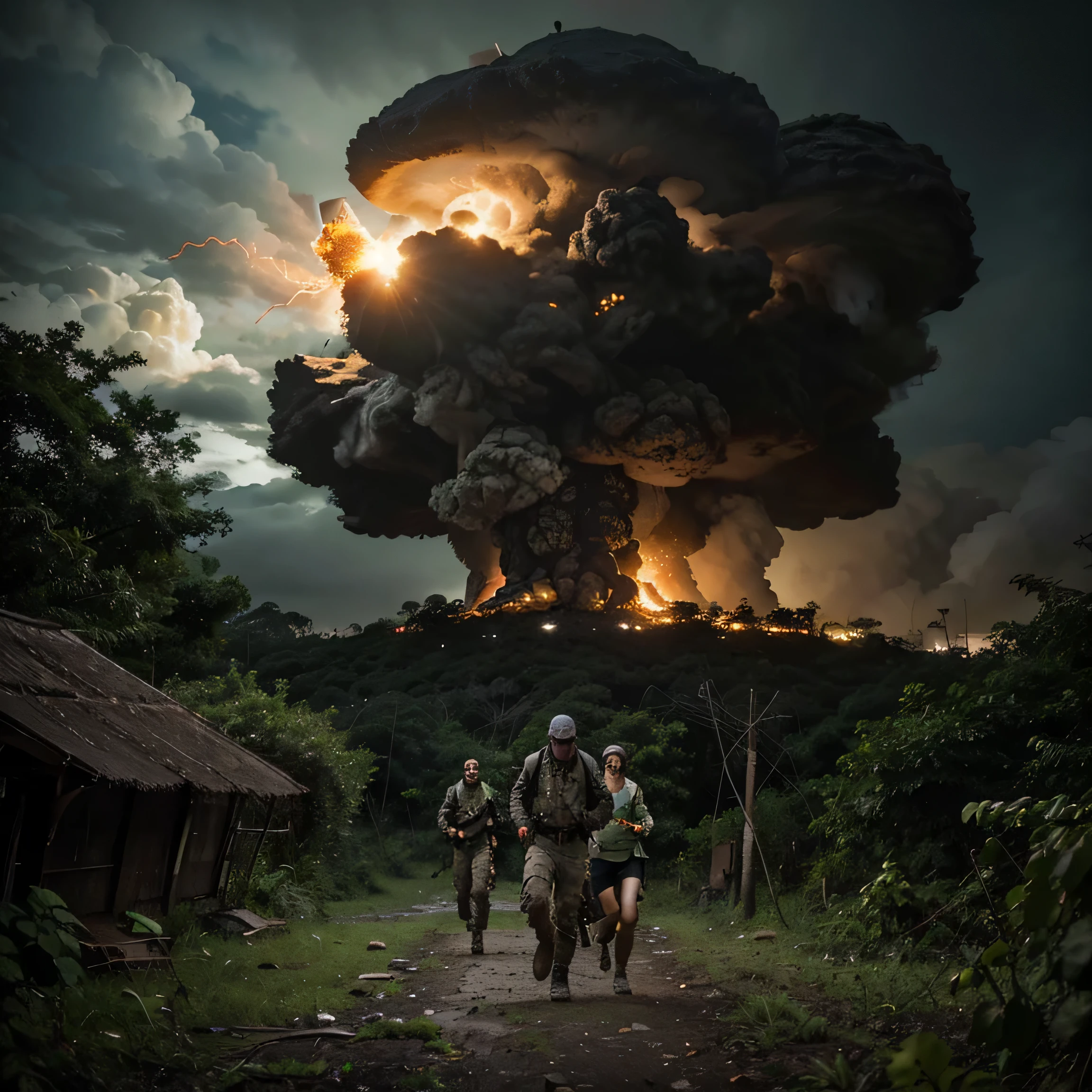 Post apocalyptic jungle image, with family with. running and raining night environment with tools in hand heading towards a hut made of leafy branches in the background an atomic explosion forming a mushroom cloud behind the trees and some fighter jets flying in the. Sky against the cloud