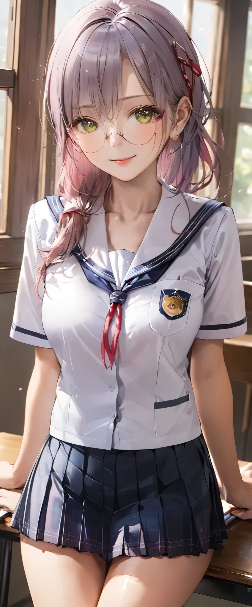 (masterpiece,highest quality,超A high resolution),japanese woman, (((Very beautiful 25 year old girl))), pretty girl、look at the photographer、 ((beautiful low ponytail)), super cute face, glossy lips, double eyelids in both eyes,natural smile、 natural makeup, long eyelashes, Shiny and smooth hair、center image, perfect limbs, perfect anatomy,(((school uniform))、School,