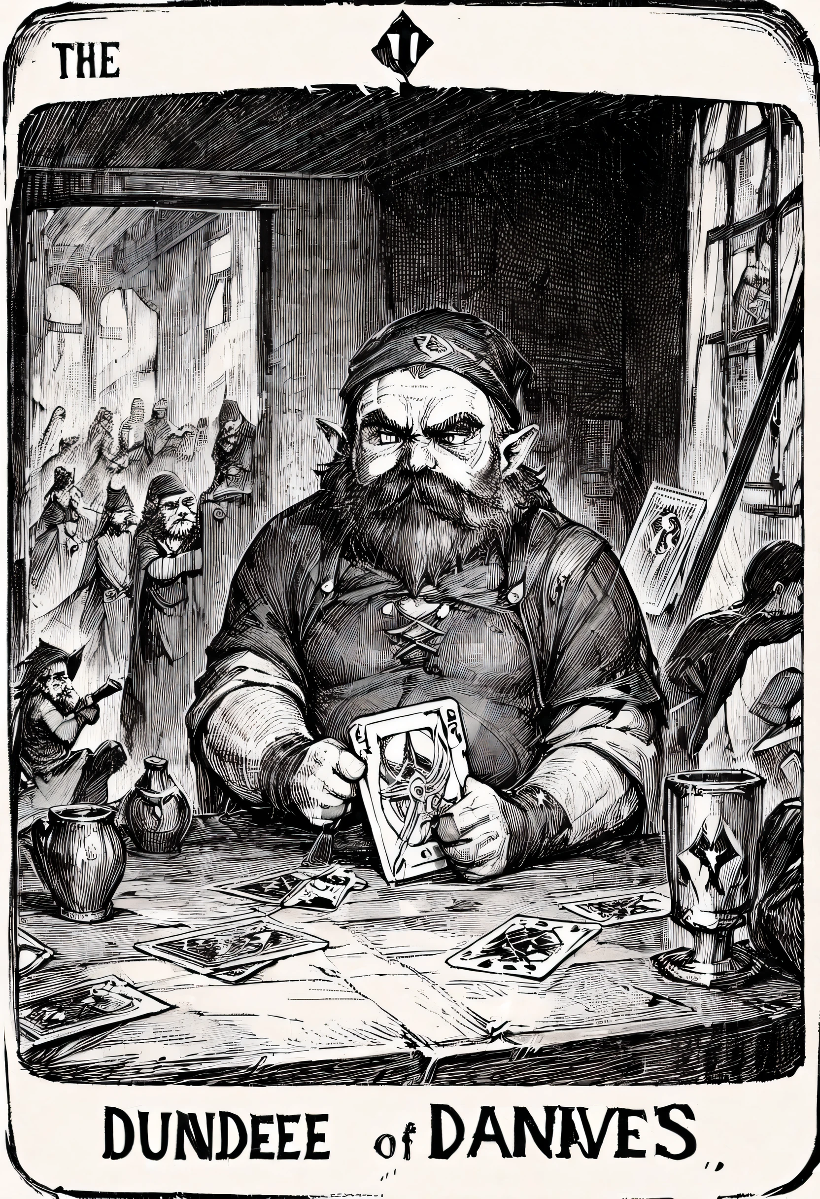 masterpiece, best quality, very aesthetic, absurdres, Tarot Cards, Dundee Dwarves, Illustrations of the strangest tarot cards in the world, Pictures where something is not quite right,
