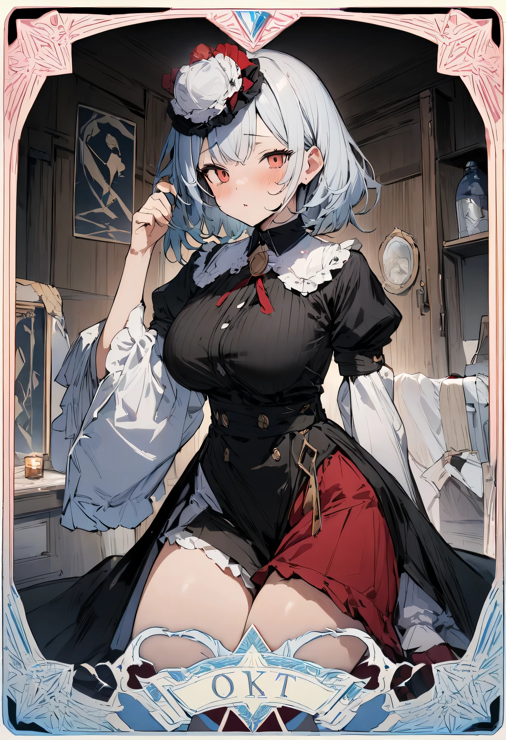 NSFW,One girl, Red eyes, Wavy silver hair, Pointed Ears, vampire, Drooping eyes,dress, necklace, White lace panties,Hair Flowers, snow, ice, whole body,futanari,Penis hidden in panties