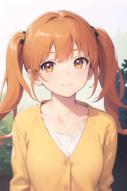 ((masterpiece)),(best quality),official art,extremely detailed CG,unity 8k wallpaper,ultra detailed,beautiful detailed eyes,extremely detailed face,1girl,solo,upper body,(portrait:1.5),looking at viewer,facing viewer,smile,long hair,orange hair,twintails, bangs,brown eyes,white cardigan,,shirt,