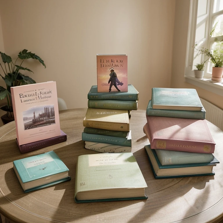 Books with pastel covers, which are aesthetically arranged lying on a light brown table. Man blickt von oben auf sie herab