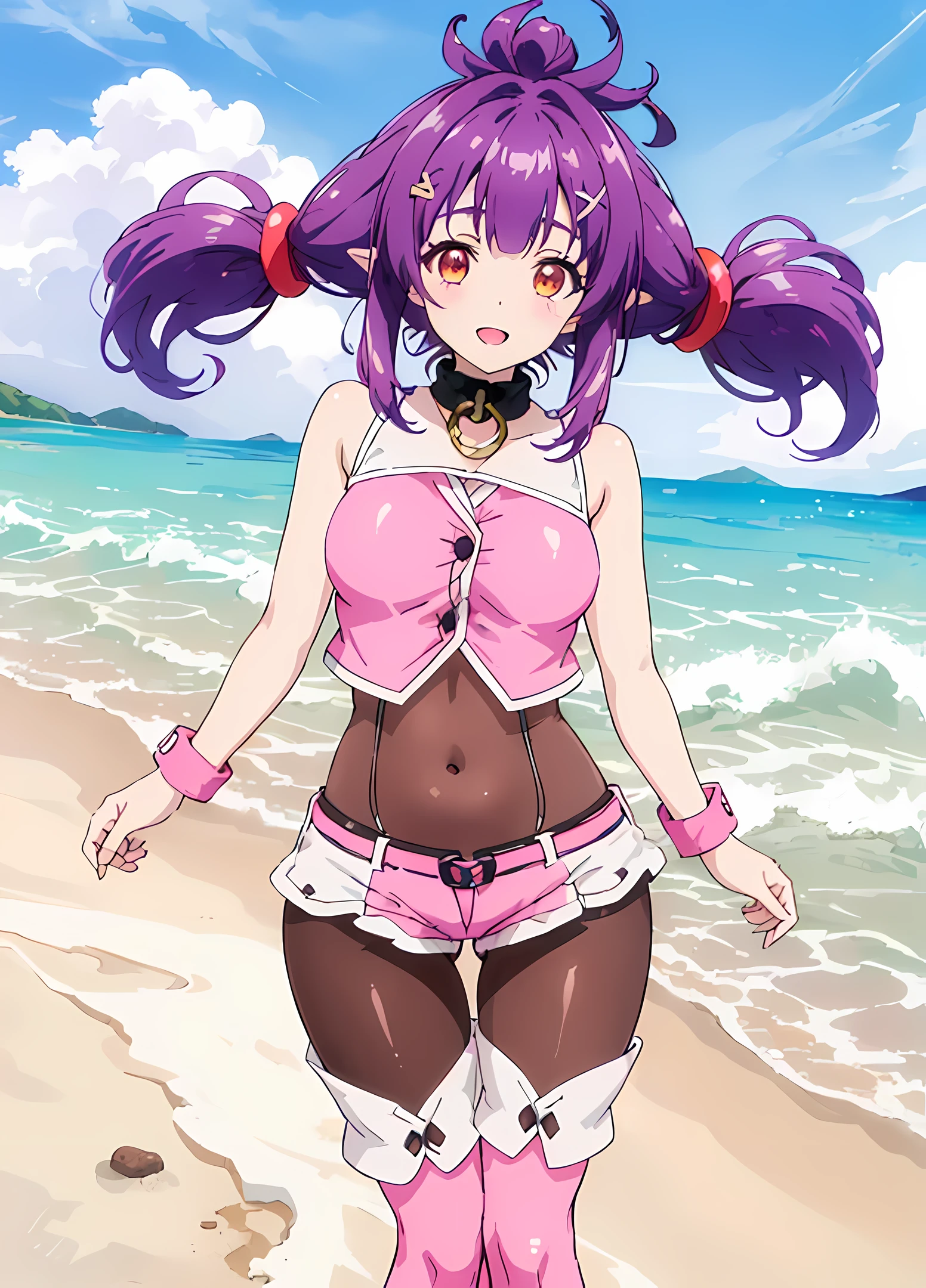 (short:1.4), (sherry:1.6), a woman on an island beach, (dynamic pose:1.5), official anime artwork, official artwork, anime moe artstyle, dreamy psychedelic anime, anime wallaper, anime visual of a cute girl, official art, fanart, masterpiece, best quality, high resolution, 8K, 4K, looking at viewer, large breasts, ass, smile edgYSD, collar, (dark brown leggings:1.5), (dark brown tights bodysuit:1.6), (purple hair:1.4), (dark red-gold eyes:1.2), gold eye accent, (hair_ornament:1.4), twin-tails, hair_tie, 1 girl, young female, beautiful finger, beautiful very long legs, beautiful body, beautiful nose, beautiful character design, perfect eyes, perfect face, expressive eyes, perfect lighting, shiny skin, nsfw, flushed skin, blushing face, lewd smile, slightly open mouth, gravure, pinup, very long legs, long thin pointy ears, (all visible leg skin covered by tights:1.2), (all visible stomach skin covered by tights bodysuit:1.4), (all visible hips skin covered by tights bodysuit:1.4), arms completely visible, (arms showing skin:1.2), japanese skin, (solid colors:1.4), lidded eyes, dark red-gold eyes, (pink short shorts:1.6), (pink sleeveless buttoned top:1.6), (pink outfit:1.2), (white trim:1.8), (white lapel:1.4), (thigh-high pink boots with white lapel:1.8), (black belt:1.2), (black garterbelts:1.6), (bright sunny day on the beach:1.4), waves, almost clear skies, sunny, trees, island plants, seashells, shoreline