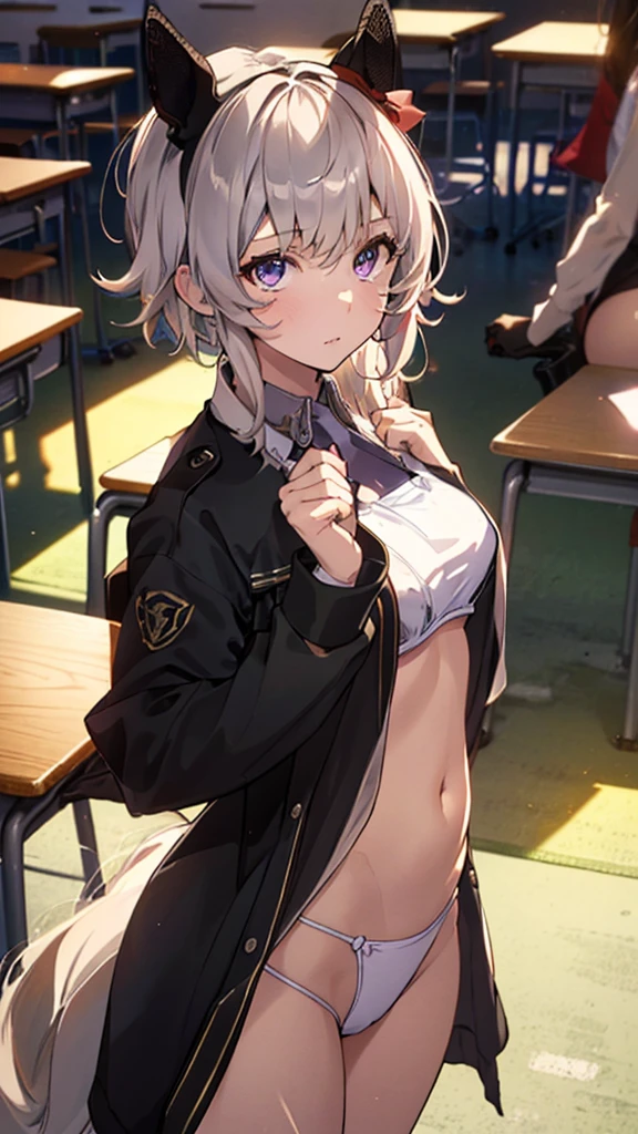 ((1 girl))、smile、small breastsのヌード、（cowboy shot）、(cardigan)、chest roll up clothes,pull clothes，((flat chest:1.3))、((I can see your nipples:1.5))，(NSFW), No bra, (black skirt)，look down, ((classroom:1.5))Upper body，classroomのシャツロールアップシャツセーター高解像度，look down, Upper body，hair,Fair skin,classroom，small breasts，shaved pussy、single blade