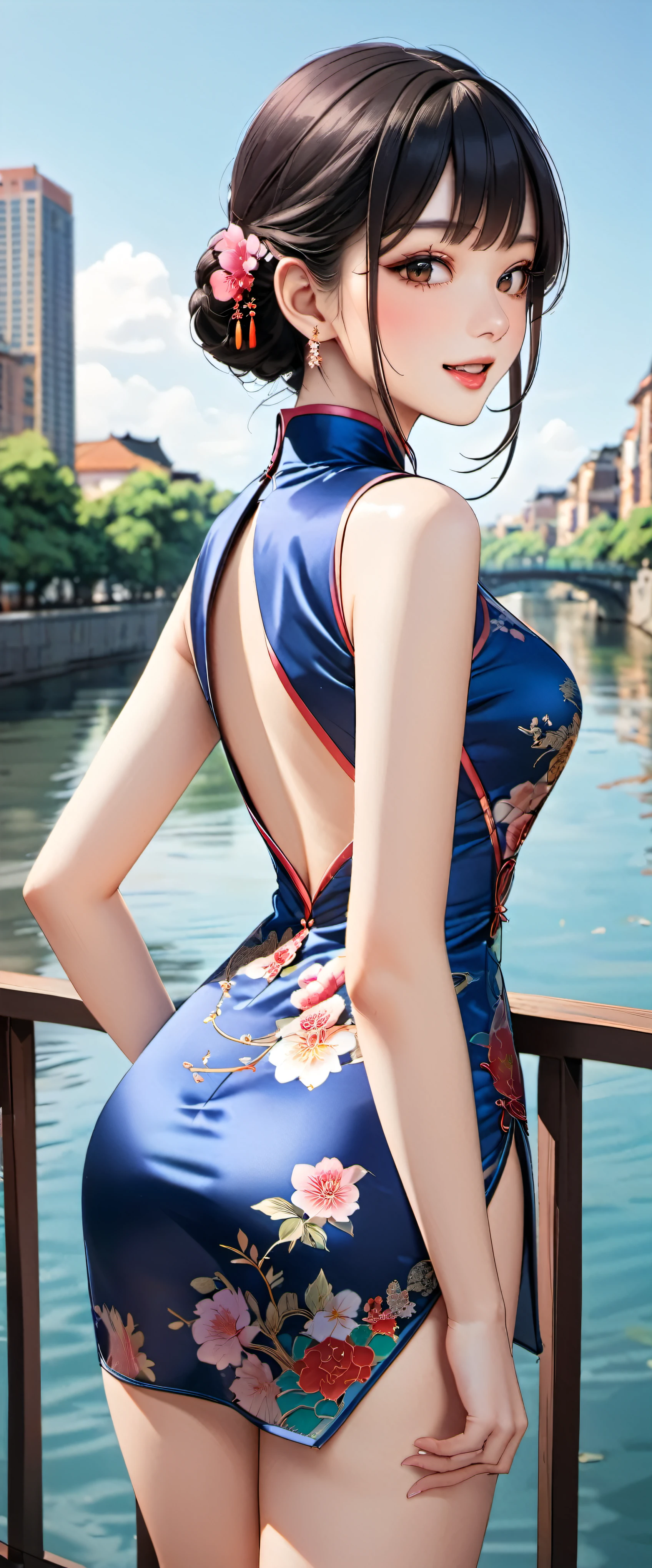 woman,20-year-old,city,(((Silk cheongsam))),,open mouth smile((black hair)),blush、,((turn around and look back))()Reflecting the buttocks