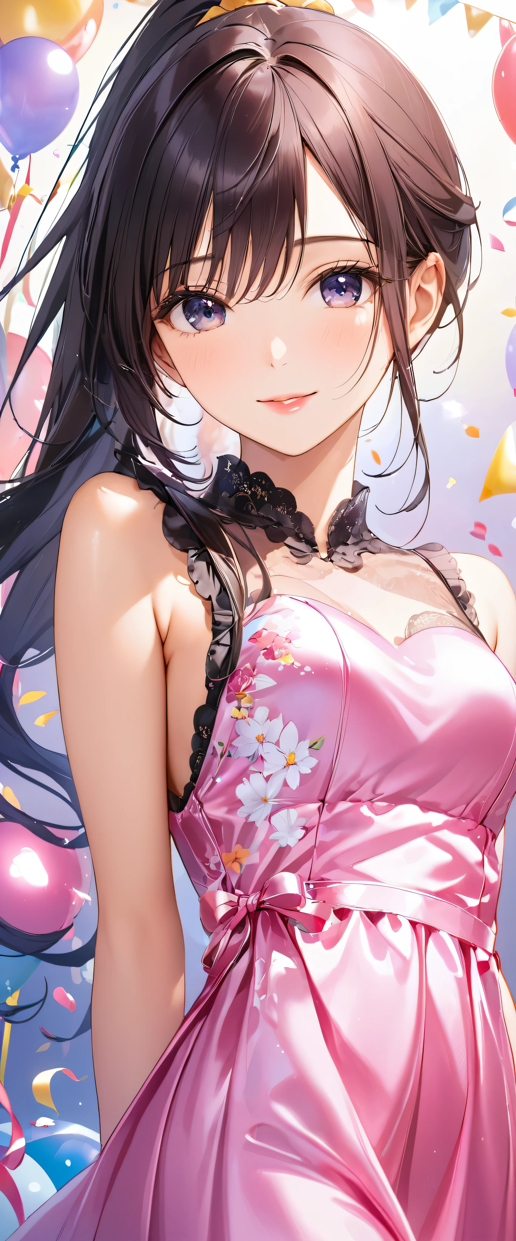 (masterpiece,highest quality,超A high resolution),japanese woman, (((Very beautiful 25 year old girl))), pretty girl、look at the photographer､  ((beautiful low ponytail)), super cute face, glossy lips, double eyelids in both eyes,natural smile、 natural makeup, long eyelashes, Shiny and smooth hair､center image,  perfect limbs, perfect anatomy,(((party dress))、party venue,