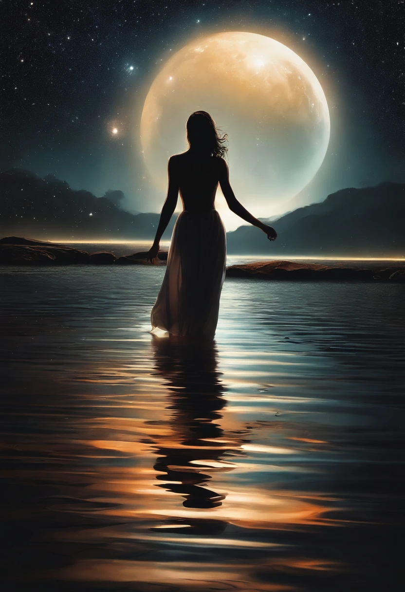 Flat 2D Art, (Masterpiece), (Best Quality), (Ultra Detailed), Silhouette Art, Line Art, Ideal physique nymph with her outline and glowing red outlines. the slender contour of the figure smoothly transitions from sharp angles to smooth curves, emphasizing the elegant silhouette with bright lighting. Hyperrealistic art Alcohol ink art with space theme is breathtaking, many large shiny falling drops create many large shiny spots on the reflective surface of dark water, resembling a huge bright figure of shiny translucent water, cosmic, celestial, stars, galaxies, nebulae, planets, science fiction, high detail. Smooth and vibrant colors, unpredictable patterns, organic textures, translucent layers, abstract compositions, ethereal and dreamy effects, free movement, expressive brushstrokes, modern aesthetics, wet textured paper.