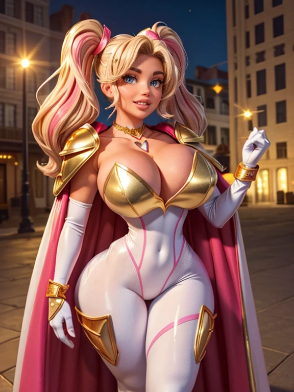 wavy blonde hair, pink highlights,pink thick lips, beautiful long legs, glowing skin, goofy smile,twintail, white bodysuit,((bodysuit with gold details)), gloves, golden neckline,full body standing,strapless dress,((heart shaped neck necklace)),city at night, on top of a building, watching like a hero,{((golden details throughout the costume))},),(((golde pointed shoulder pads up))), {{fullbody}},(((long cape on the coast))).