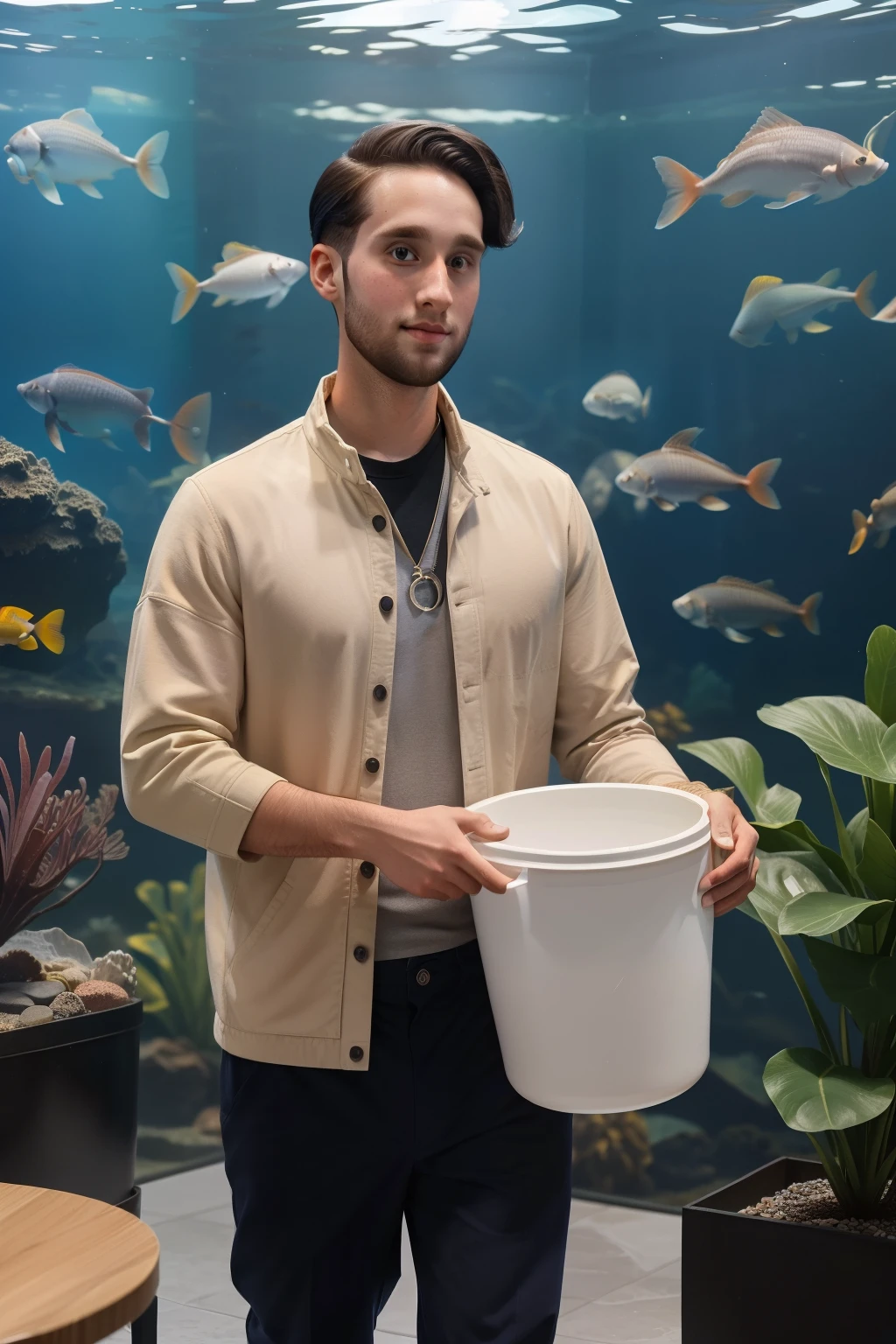 Sowell Bay, Washington, 2023. A young ((((30-year-old)) Cameron Cassmore)), shaven, working in the acuarium, carrying a big bucket, ((((clothings from the 2020s)))), ((hairstyle of the 2020s))