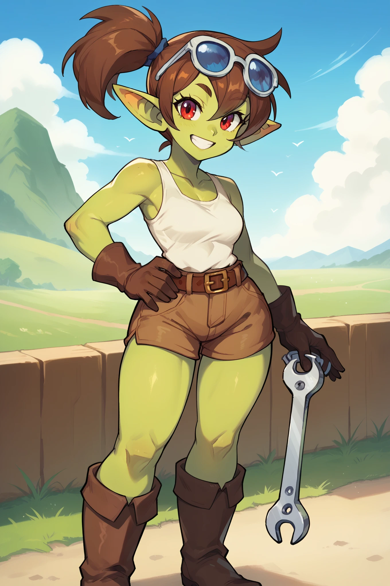 score_9, score_8_up, score_7_up, BREAK, 1girl, solo, femal goblin, green skin, pointyears, hand on own hip, smile, wide hips, red eyes, brown hair, side ponytail, holding weapon, eyewear on head, holding wrench, brown belt, high brown boots, brown gloves, white tank top, white thong, standing, meadow, day 