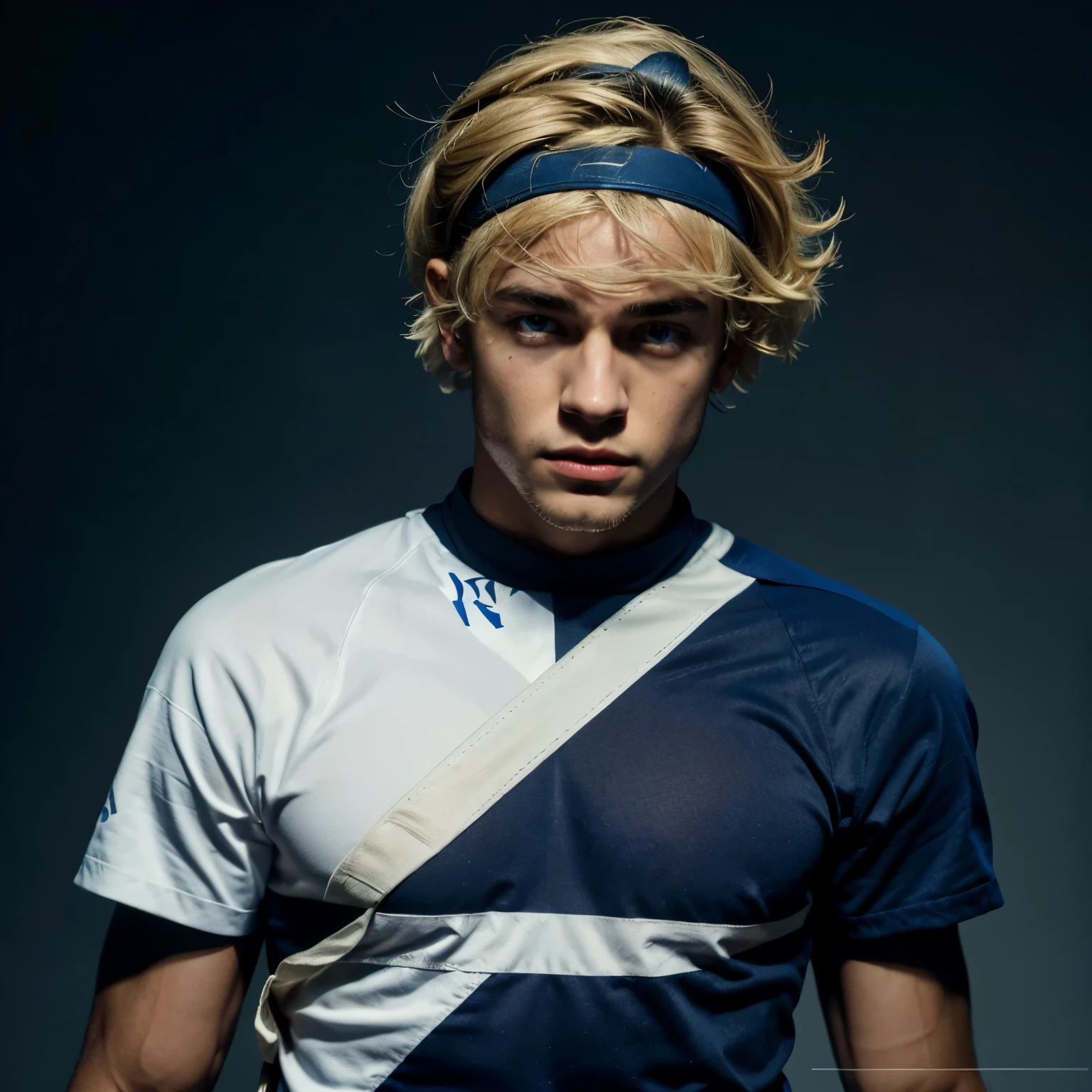 Illustration d'un Jeune garçon (Erwan) with a cap worn backwards. Il est blond aux yeux bleus. Mesure 1m45. He has a serious look, prêt a se battre. Il porte une épée dans sa main droite.