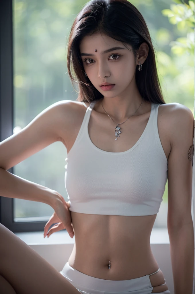 Indian teen girl,straight hair,clear skin,white and short T-shirt,navel piercing,((lip piercing),beautiful face,glossy lips,(dragon tattoo on the neck,masterpiece,best quality,depth of field,cinematic lighting,extremely detailed