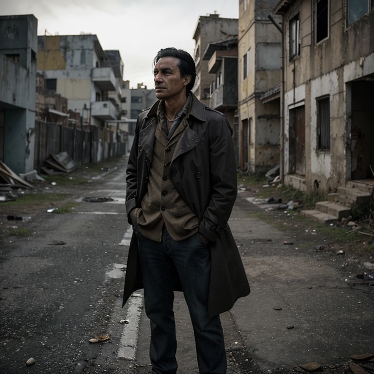 Imagine um homem de cerca de 40 anos, with black hair that is starting to turn gray, vestindo um sobretudo preto. He's standing on an abandoned street, with ruined buildings around you. Next to him, there is a body lying near a yellow walled house, also wearing a trench coat and with graying black hair. The scene is dark and desolate, with an atmosphere of mystery and abandonment.