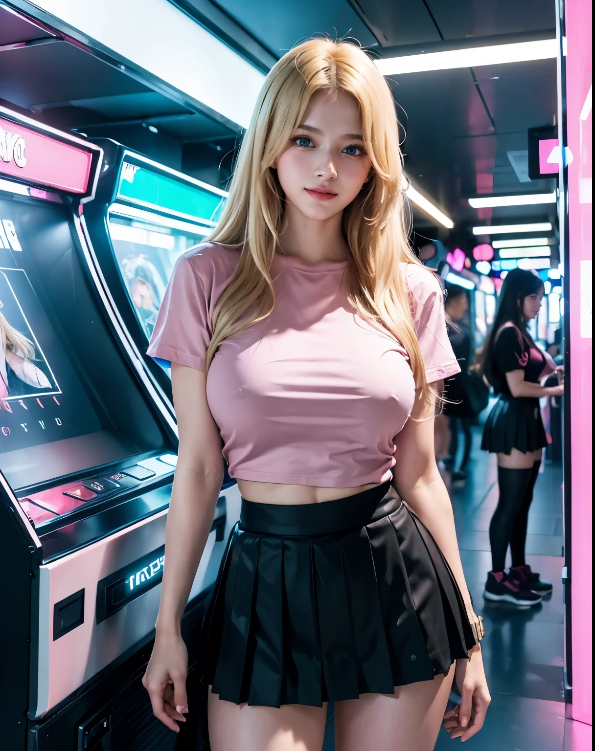 1girl, (Blue eyes), (smiling :1.2), (Sana Minatozaki), wide hips, Big tits, big ass, toned legs, very thick and toned thighs, (Best Quality, 8k, Masterpiece: 1.3), Clear Focus: 1.2, Perfect Body Beauty: 1.4, Highly detailed face and skin texture, detailed eyes, double eyelids, (blonde long hair :1.2), (black pleated mini skirt :1.2), (pink t-shirt), standing, dynamic pose, in an arcade store, neon lights in the background