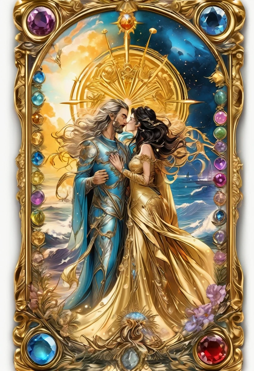 1couple, Tarot Cards, aesthetic, masterpiece, best quality, major arcana card, (lovers:1.5), tarot, in a gold card frame with precious stones, fantasy art, in the style of boris vallejo, beautiful, aesthetics, harmony, 1024k