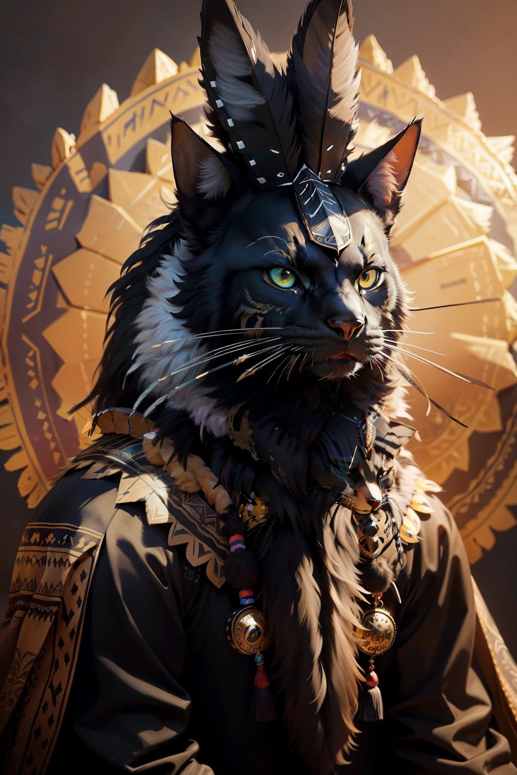 A black anthropomorphic cat with a full face sits quietly, donning a traditional Indian headdress adorned with vibrant feathers. The cat's war paint, intricately designed, covers its face, adding a fierce and powerful appearance. Its eyes gleam with a sense of mystery and intelligence, as it observes the western-style surroundings that lie before it.