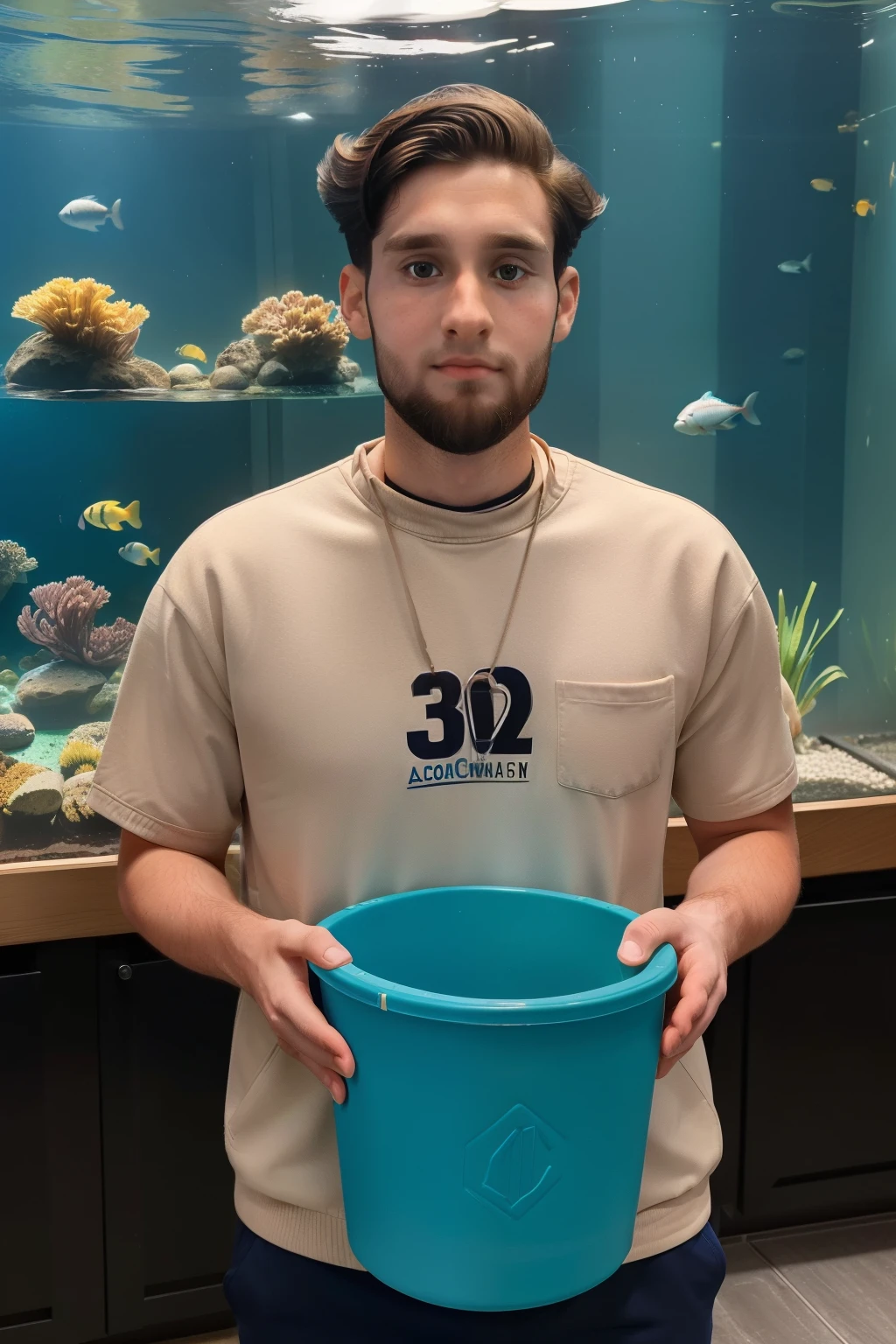 Sowell Bay, Washington, 2023. A young ((((30-year-old)) Cameron Cassmore)), clean-shaven, working in the acuarium, carrying a big bucket, ((frustrated expression)), ((((clothings from the 2020s)))), ((hairstyle of the 2020s)) 