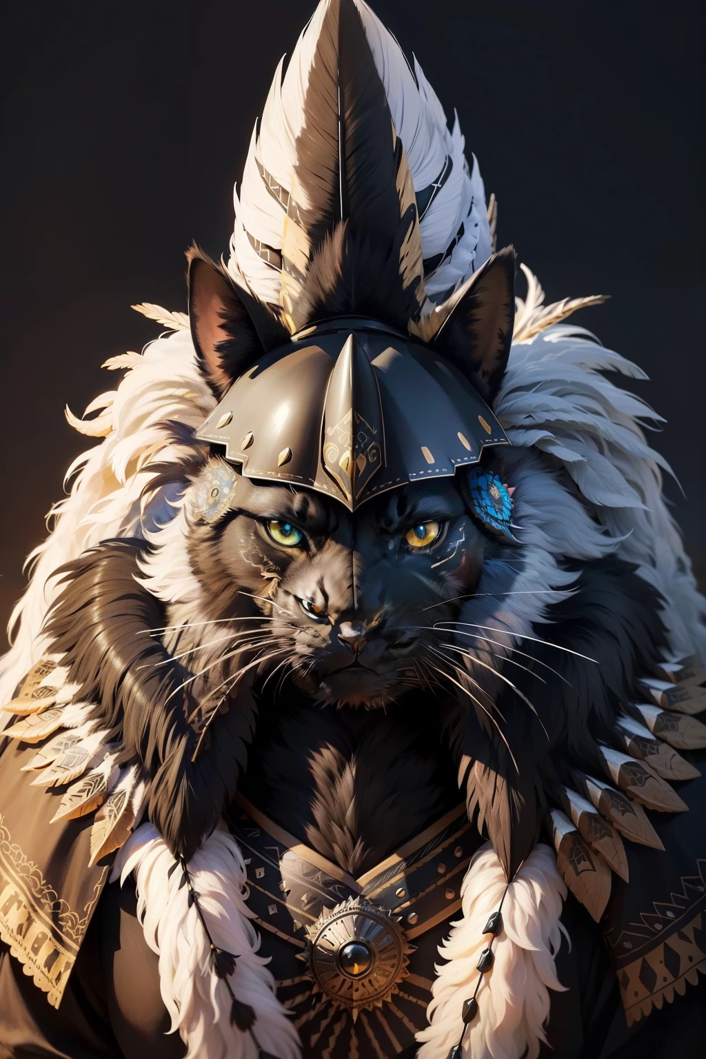 A black anthropomorphic cat with a full face sits quietly, donning a traditional Indian headdress adorned with vibrant feathers. The cat's war paint, intricately designed, covers its face, adding a fierce and powerful appearance. Its eyes gleam with a sense of mystery and intelligence, as it observes the western-style surroundings that lie before it.