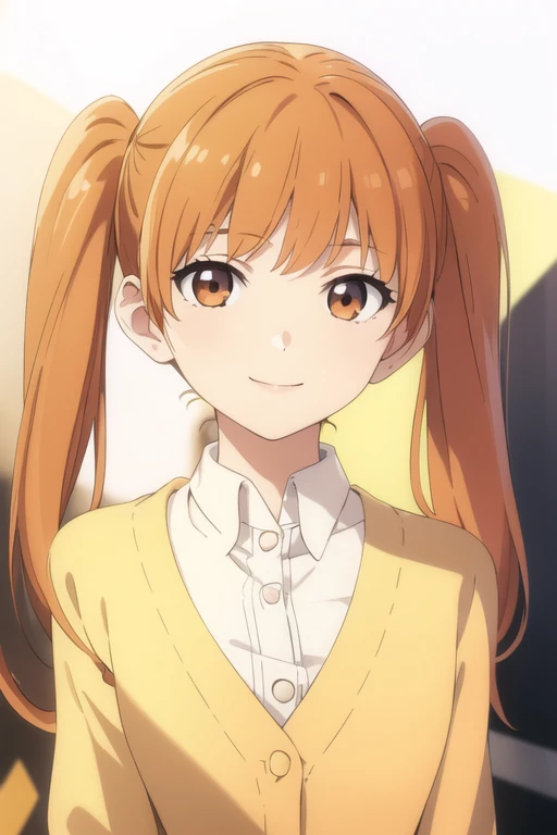 ((masterpiece)),(best quality),official art,extremely detailed CG,unity 8k wallpaper,ultra detailed,beautiful detailed eyes,extremely detailed face,1girl,solo,upper body,(portrait:1.5),looking at viewer,facing viewer,smile,long hair,orange hair,twintails, bangs,brown eyes,white cardigan,,shirt,
