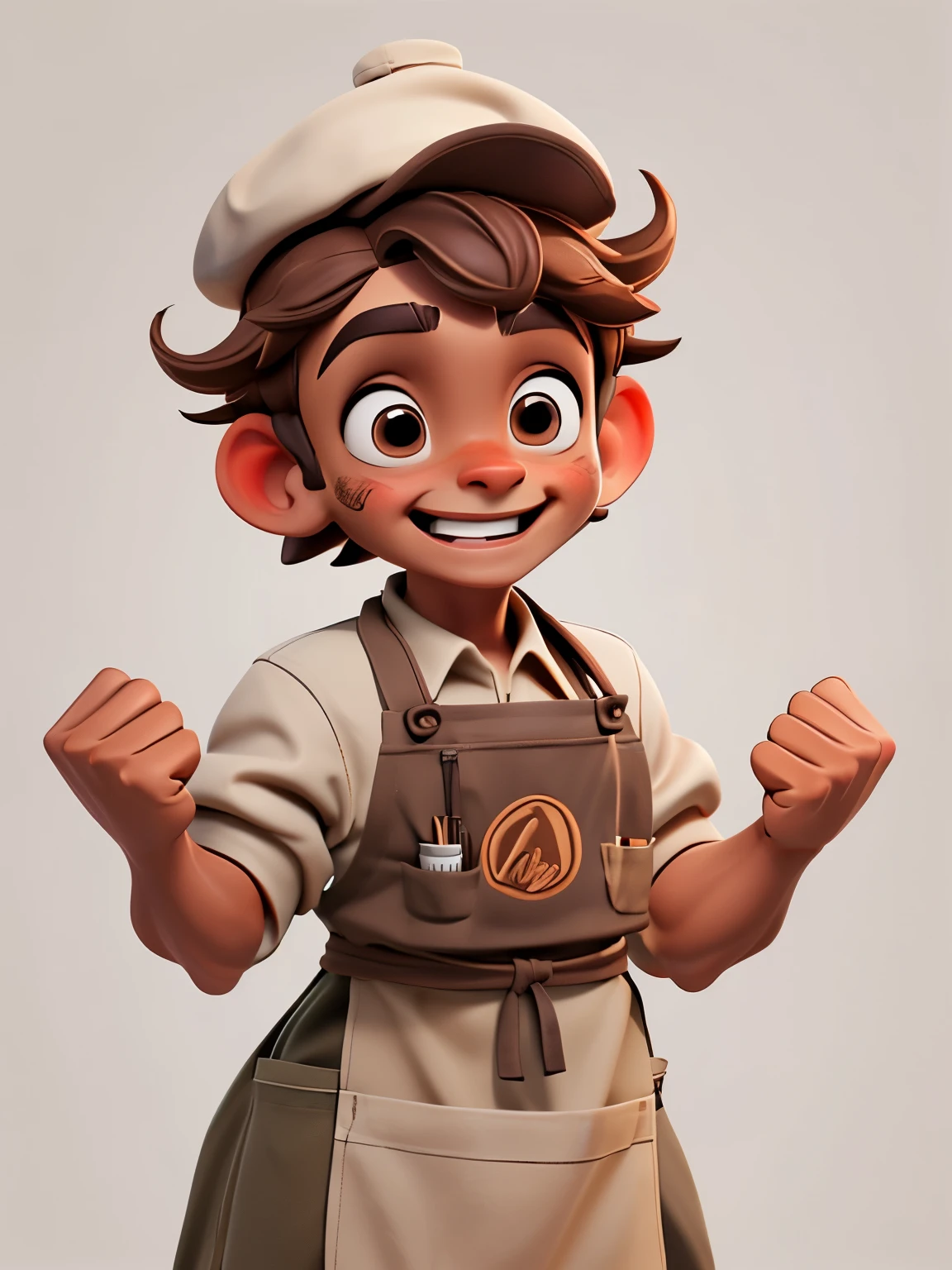 （brown apron,Brown chef hat,brown chef costume),(excited expression,excited move,Exciting movements,Win the lottery),White background,hands raised，make a fist
