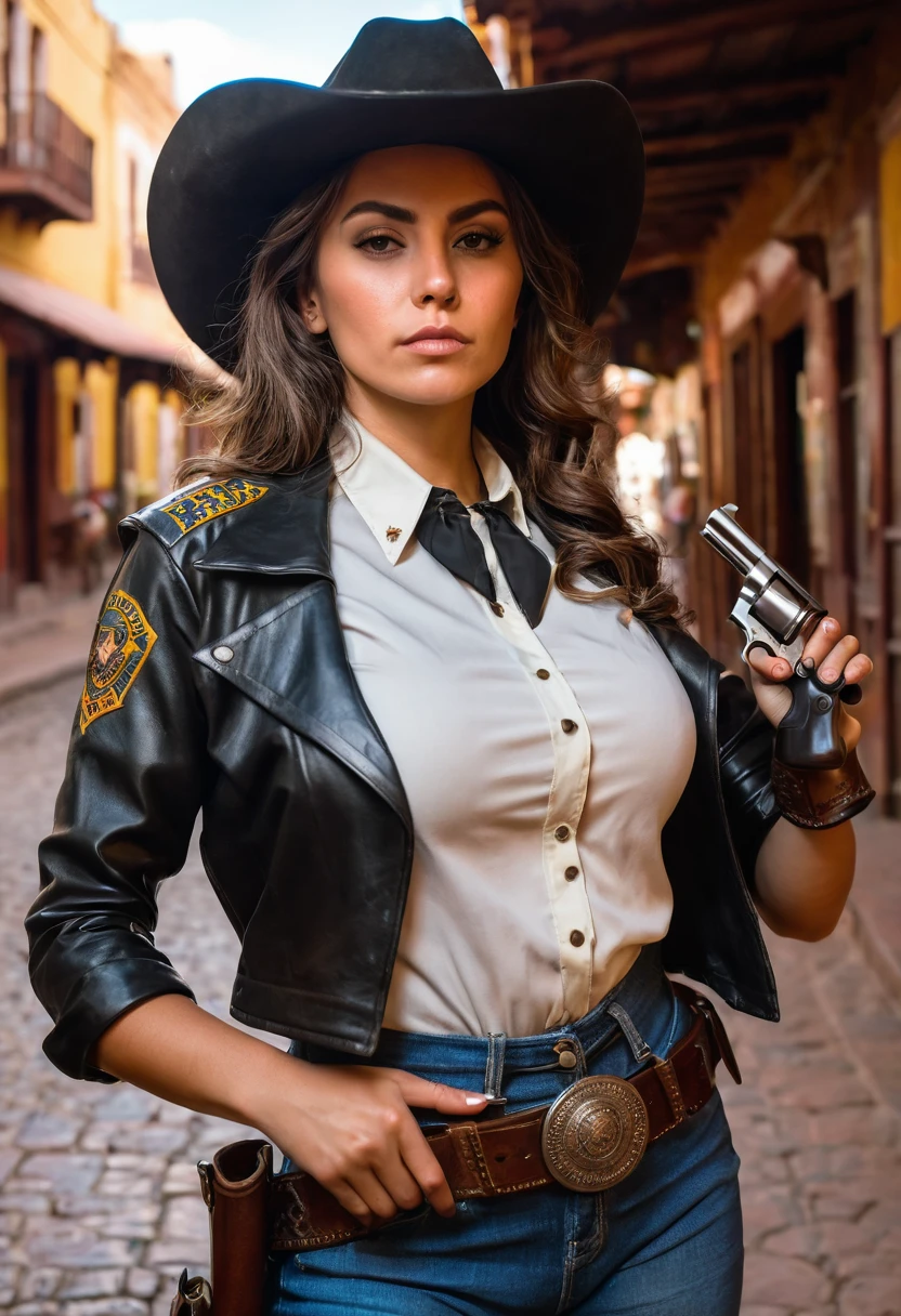 Beautiful sheriff woman with a revolver wearing a top in the old town inside the bar drinking, ciudad del viejo oeste del oeste, con arma .8K
