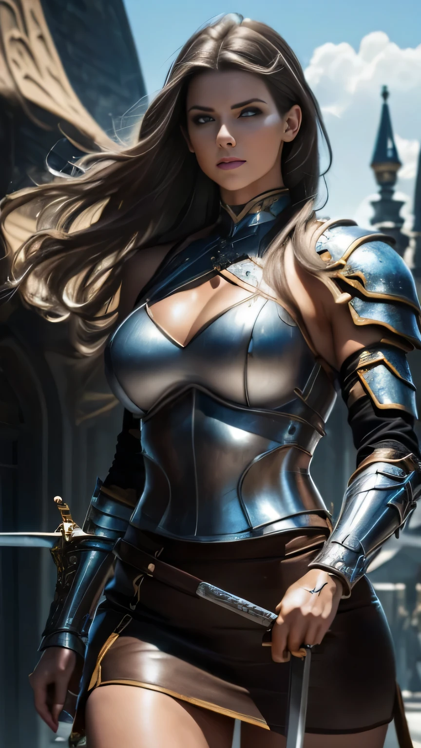 (masterpiece:1.4), best quality, hyper quality, refined rendering, highly detailed, super fine illustration, highres, ultra-detailed, detailed face, stunning art, best aesthetic, amazing, high resolution, UHD, 1girl, (((full body, full body shot, strong look, haughty expression, dinamic pose))), Female knight princess, (mature woman:1.2), (((perfect face, pretty face, frown, encouraged look))) (muscular:1.2), fit, (wearing light armor:1.3, mini skirt, intrincate skirt design, weather straps, highly detailed clothes) (shiny armor:1.2), blue eyes, ((Long hair, platinum brown hair, long ponyatil:1.4)), warrior look, Setting is a mediaval town, exposed navel, (abs:1.2). Highly detailed, european, leg muscles, (bulky:1.2), leather straps, (large breasts:1.3), waist up, wide waist, bubble butt, stocky, (tall:1.4), (((holding sword, kinght sword, decorated sword))), castle background, depth of field, 8k, sharp focus, cinematic lighting,