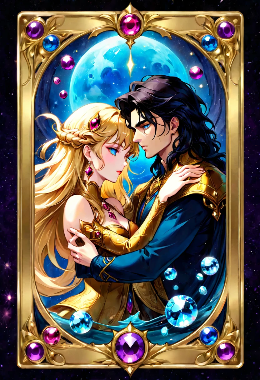 Tarot Cards, aesthetic, masterpiece, best quality, major arcana card, lovers, tarot, in a gold card frame with precious stones, fantasy art, in the style of boris vallejo, beautiful, aesthetics, harmony, 1024k