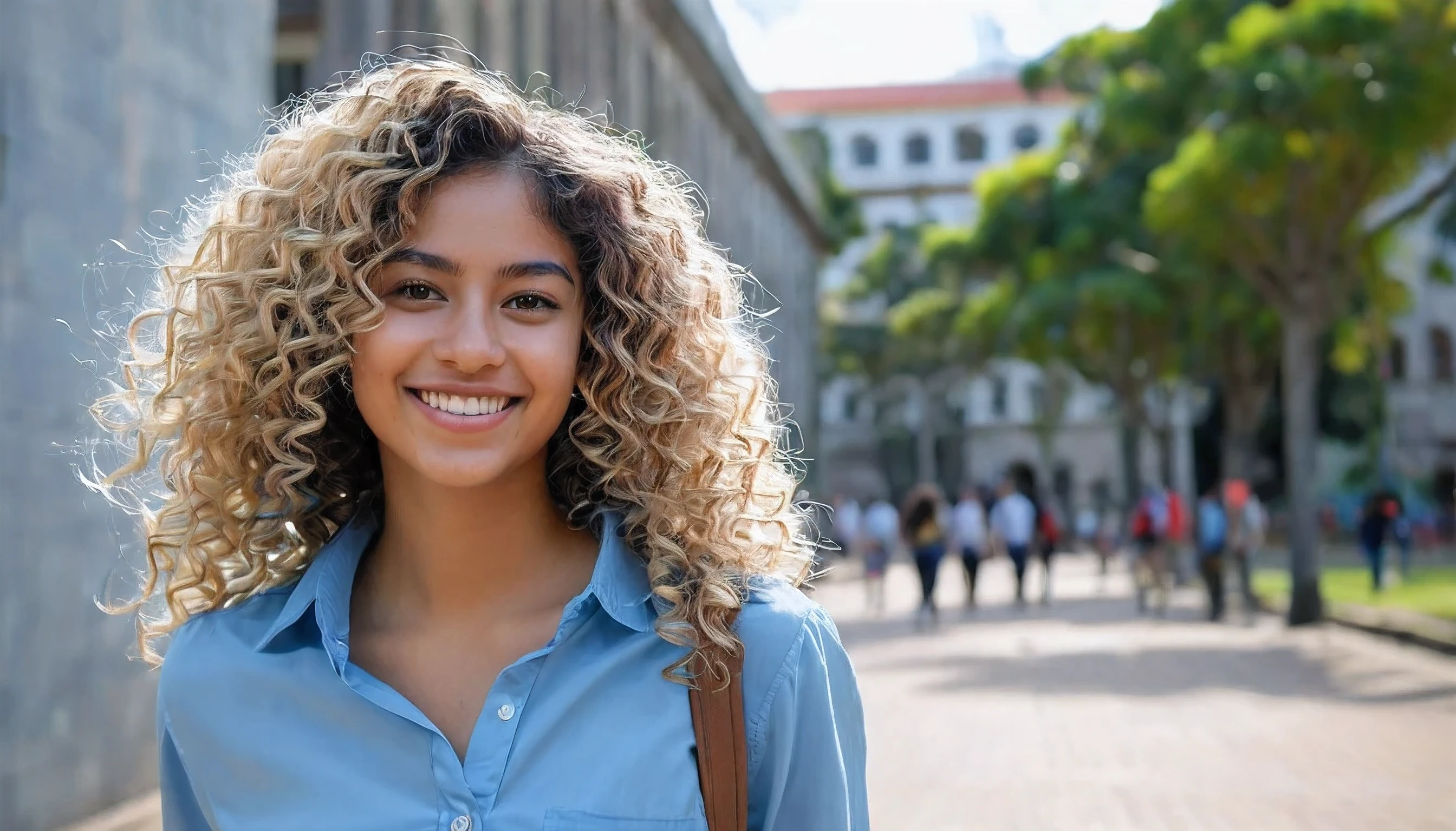 Describe a vibrant and dynamic scene of a 26-year-old Brazilian student walking across a university campus. She is wearing a light blue blouse, representando seu curso de arquiterura, and your face is lit by a contagious smile. Her hair is curly blonde, have colorful locks that add a touch of youthfulness and creativity to your look. Enquanto ela anda, a trail of modern paintings and graffiti unfolds behind her, portraying the diversity and energy of the academic environment. Essas obras de arte expressam a multiplicidade de culturas, ideas and perspectives that flourish within the university community, creating an inspiring and lively setting. 4k