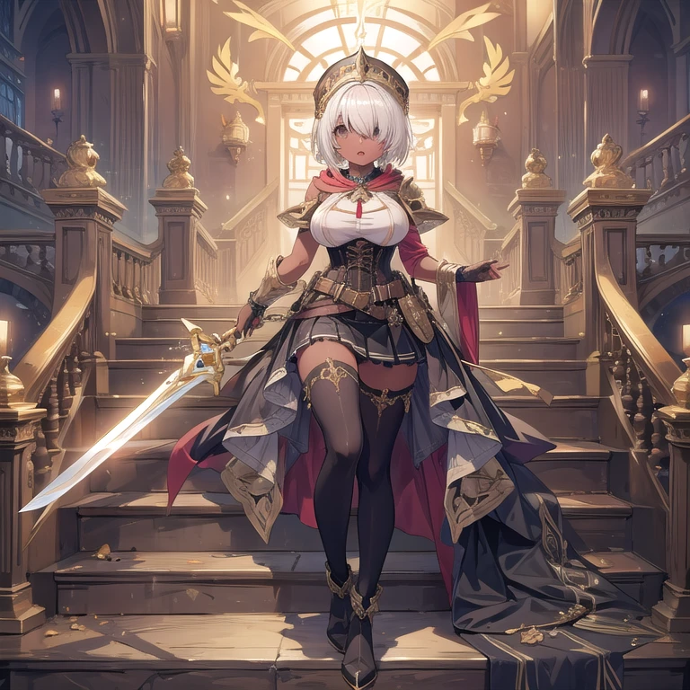 1girl, thighhighs, solo, white-hair, high-heels, short-hair, weapon, boots, gray-eyes, thigh-boots, breasts, corset, (golden cover), armor, gloves, open-mouth, headdress, white-thighhighs, skirt, sword, looking-at-viewer, chain, full-body, dress, jewelry, stairs, holding, braid, ((big breasts) 1:1), fingerless-gloves, hood, lips, glowing, ((Dark-Skin)), ((golden-ornaments) 1:1) White socks, bangs covering one eye